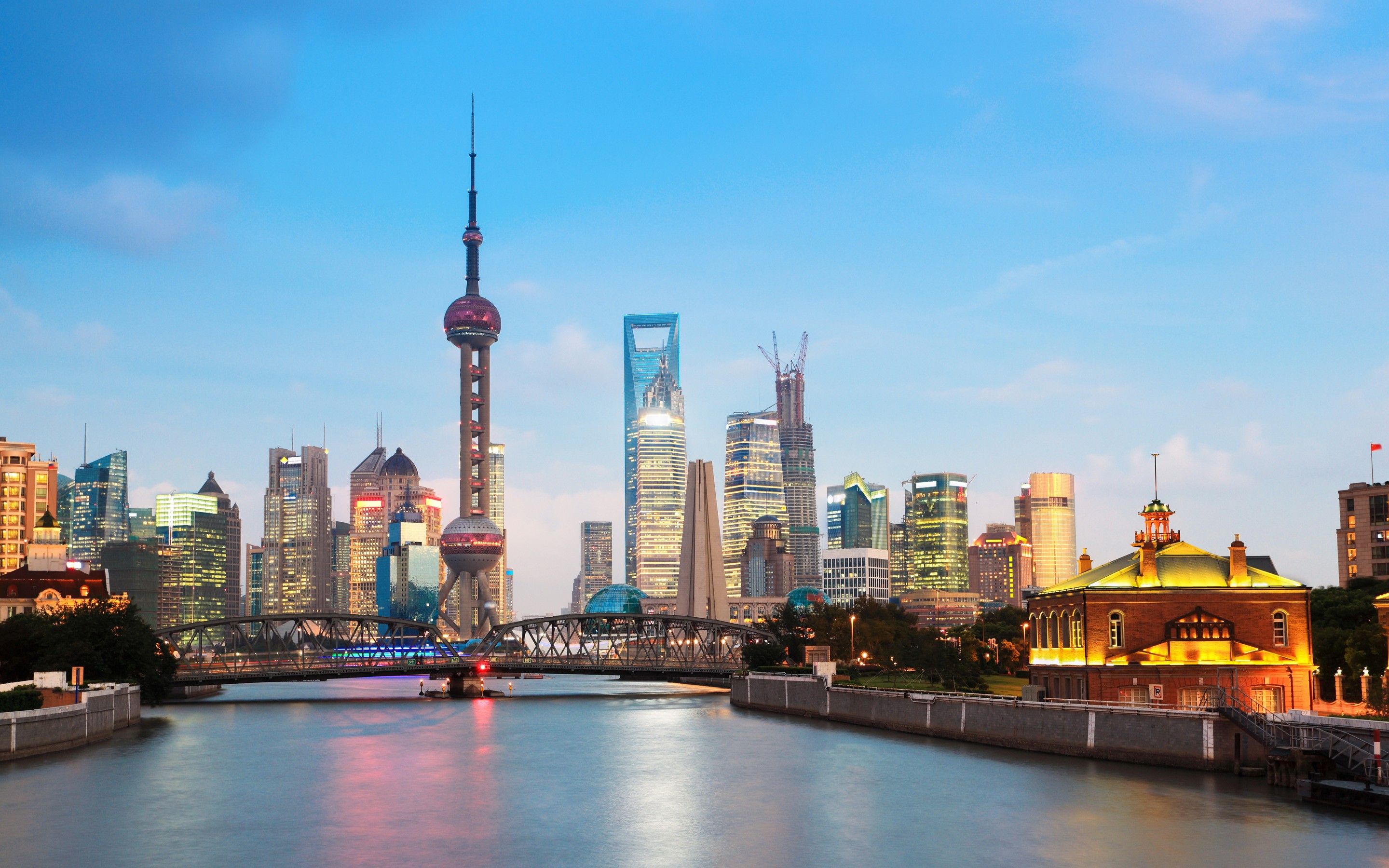 Waibaidu Bridge 4K Wallpaper, Oriental Pearl Tower, Shanghai, China, Huangpu River, Cityscape, World