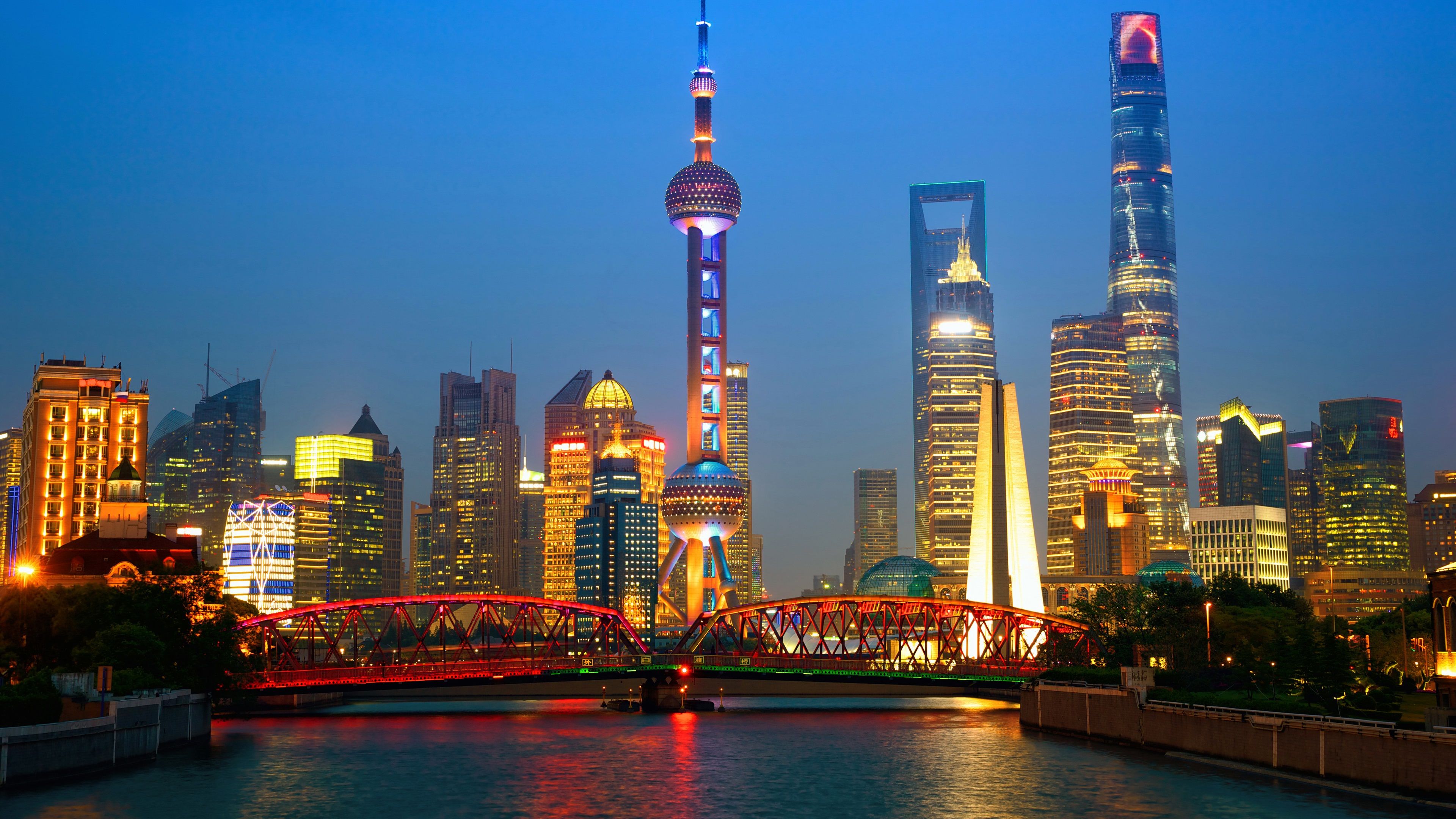 Wallpaper Travel to Shanghai, China, night, skyscrapers, tower, lights, river 3840x2160 UHD 4K Picture, Image