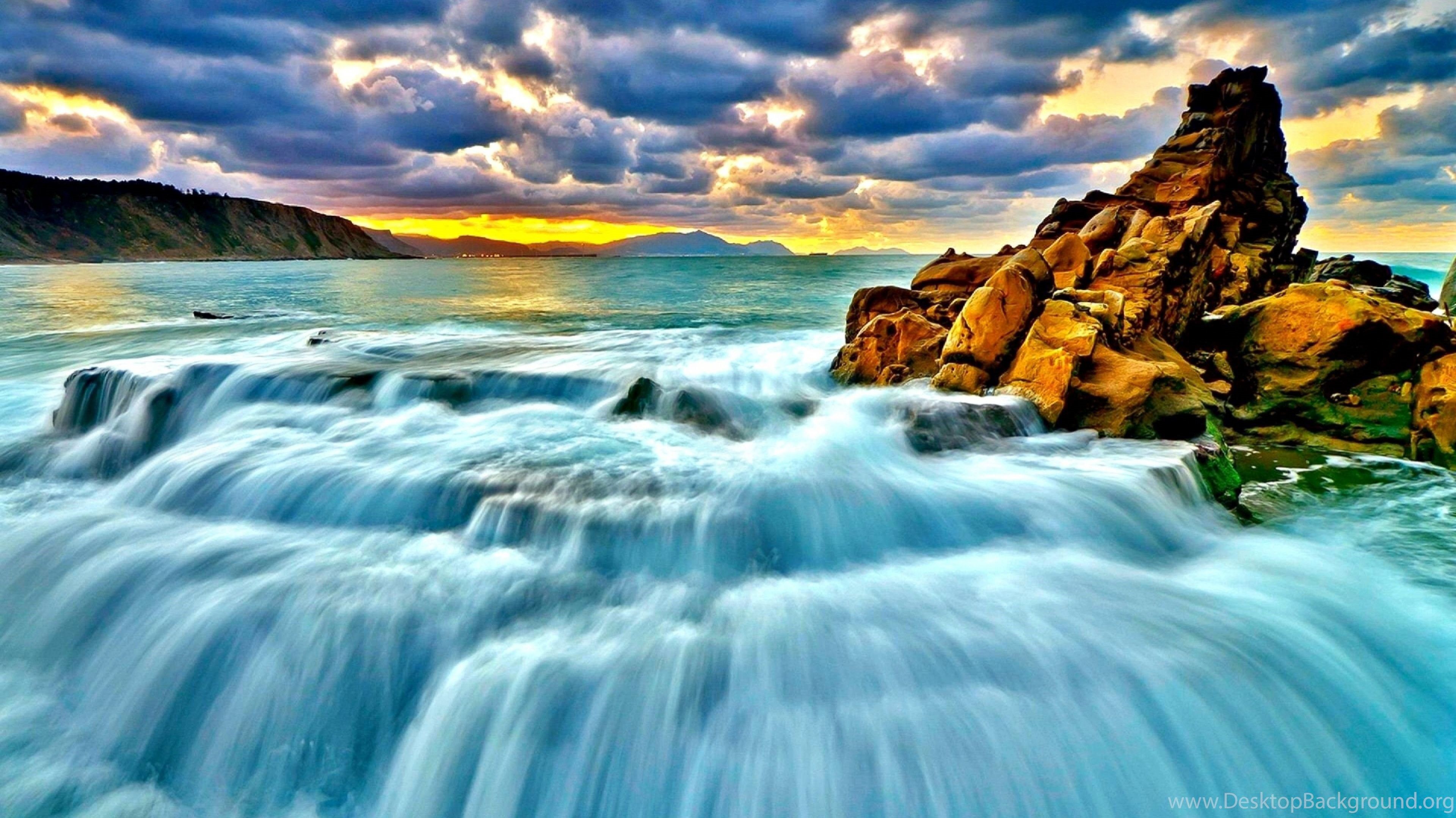 Download Wallpaper 3840x2160 Sea, Surf, Sunset, Waterfall 4K Ultra. Desktop Background