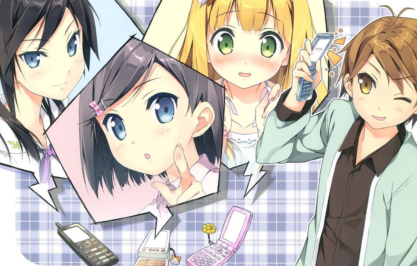 Wallpaper face, blush, phone, friends, students, tsukiko tsutsukakushi, ouji to warawanai neko, youto uokodera, azusa then everyone, tsukishima, by kantoku image for desktop, section сёдзё