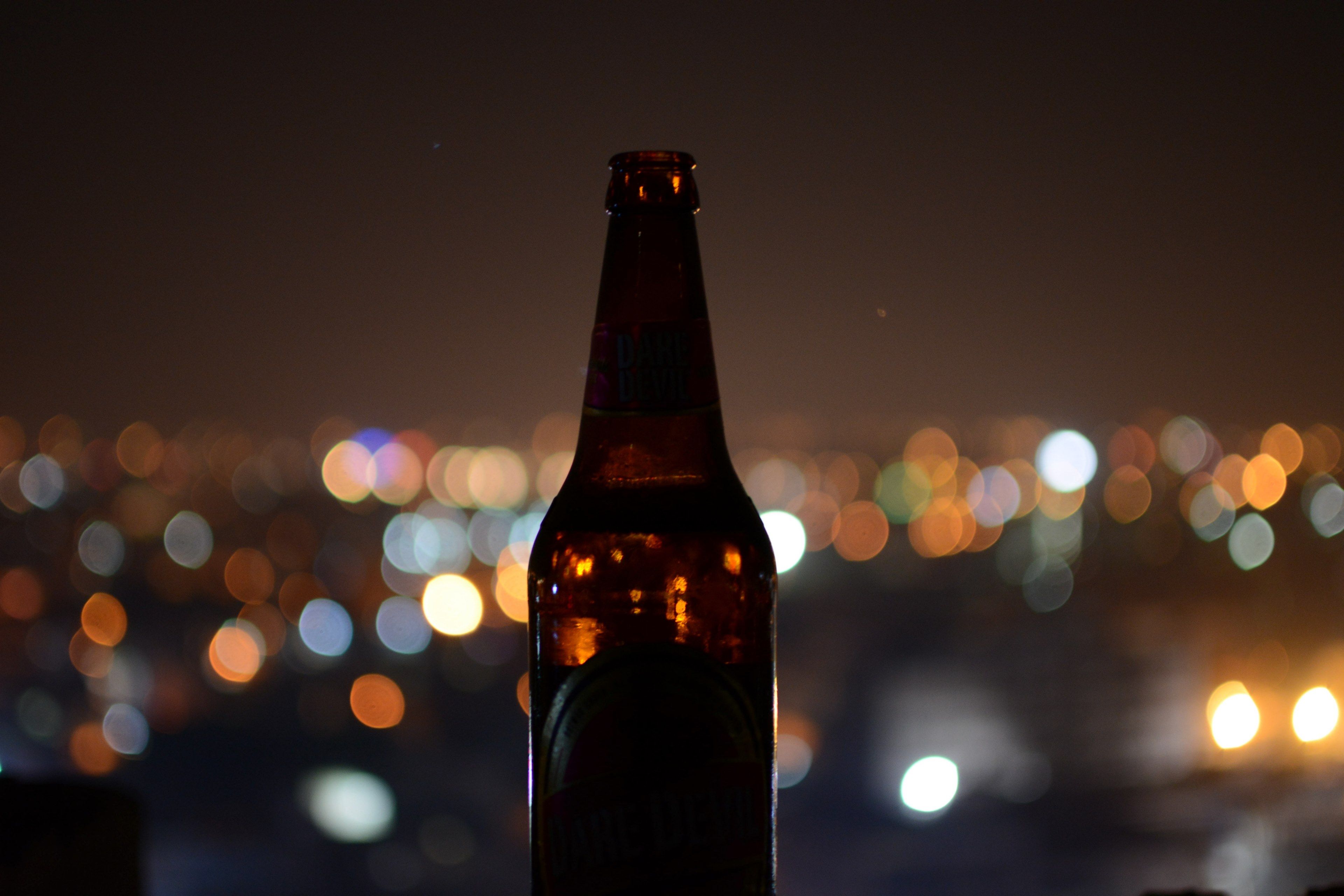 beer bottle wallpaper, night, light, bottle, alcohol, sky, drink, water, glass bottle, beer, beer bottle
