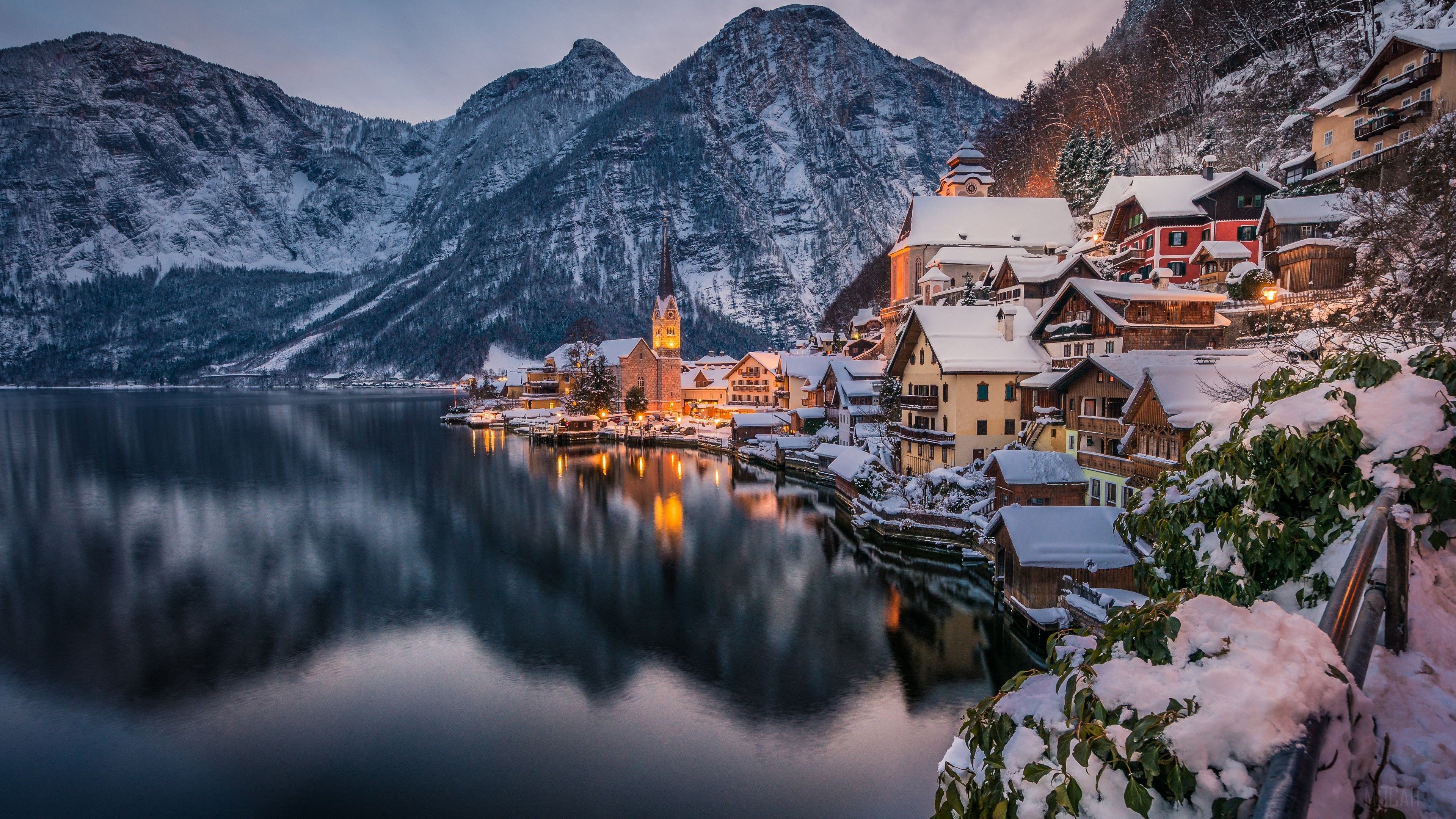 Austria, Hallstatt, Lake, Mountain, Town, Winter 4k wallpaper. Mocah HD Wallpaper