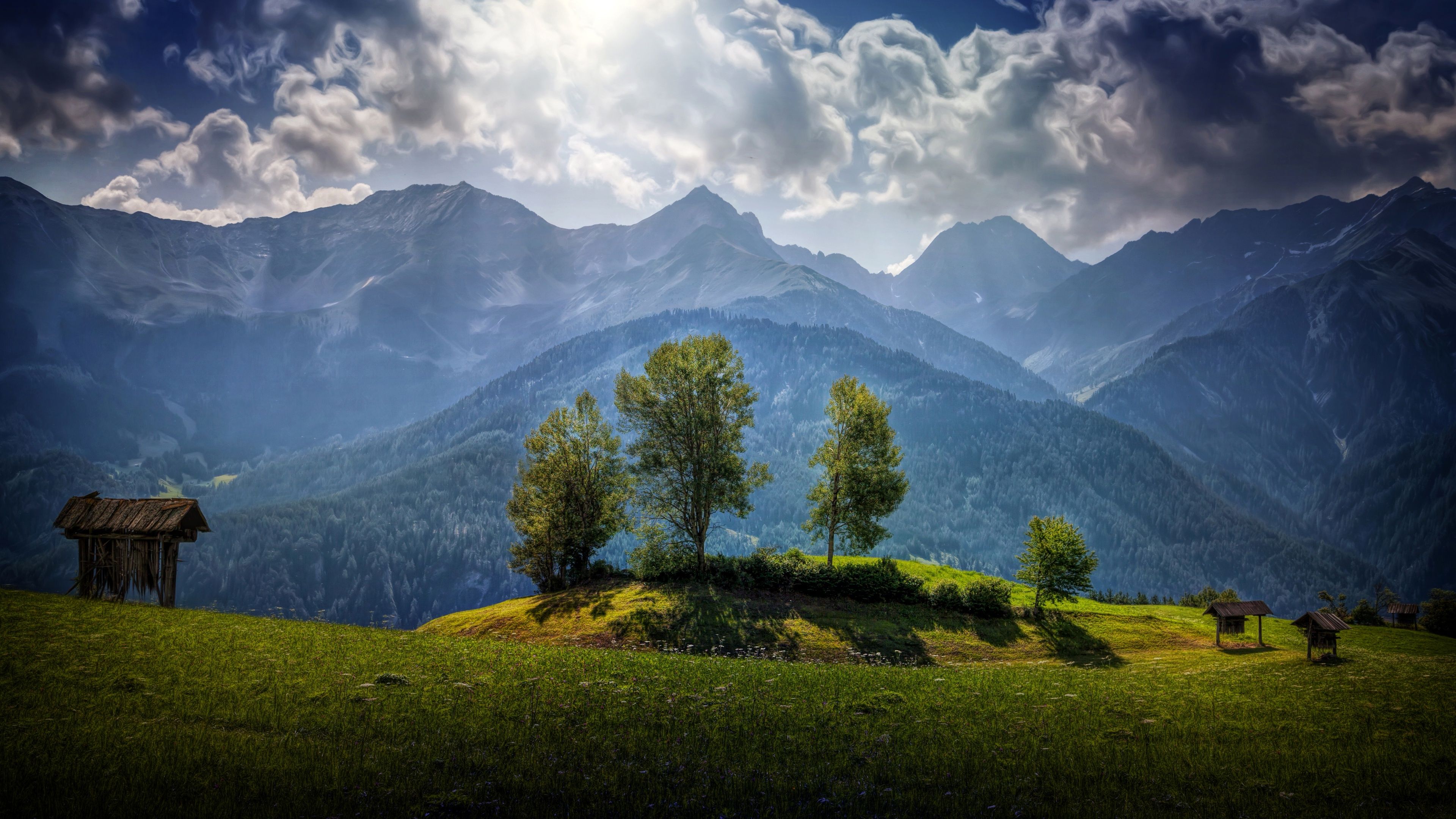 Wallpaper Austria, trees, mountains, grass, clouds, sunshine 3840x2160 UHD 4K Picture, Image