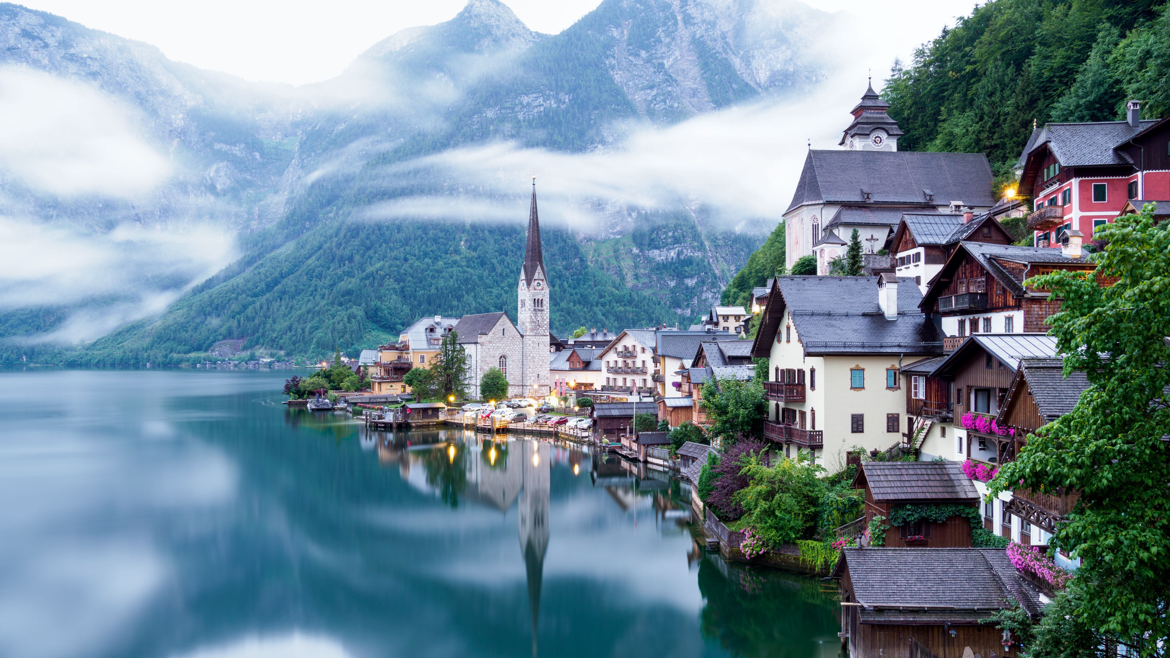 Download wallpaper 3840x2160 lake, mountains, village, hallstatt, austria 4k uhd 16:9 HD background
