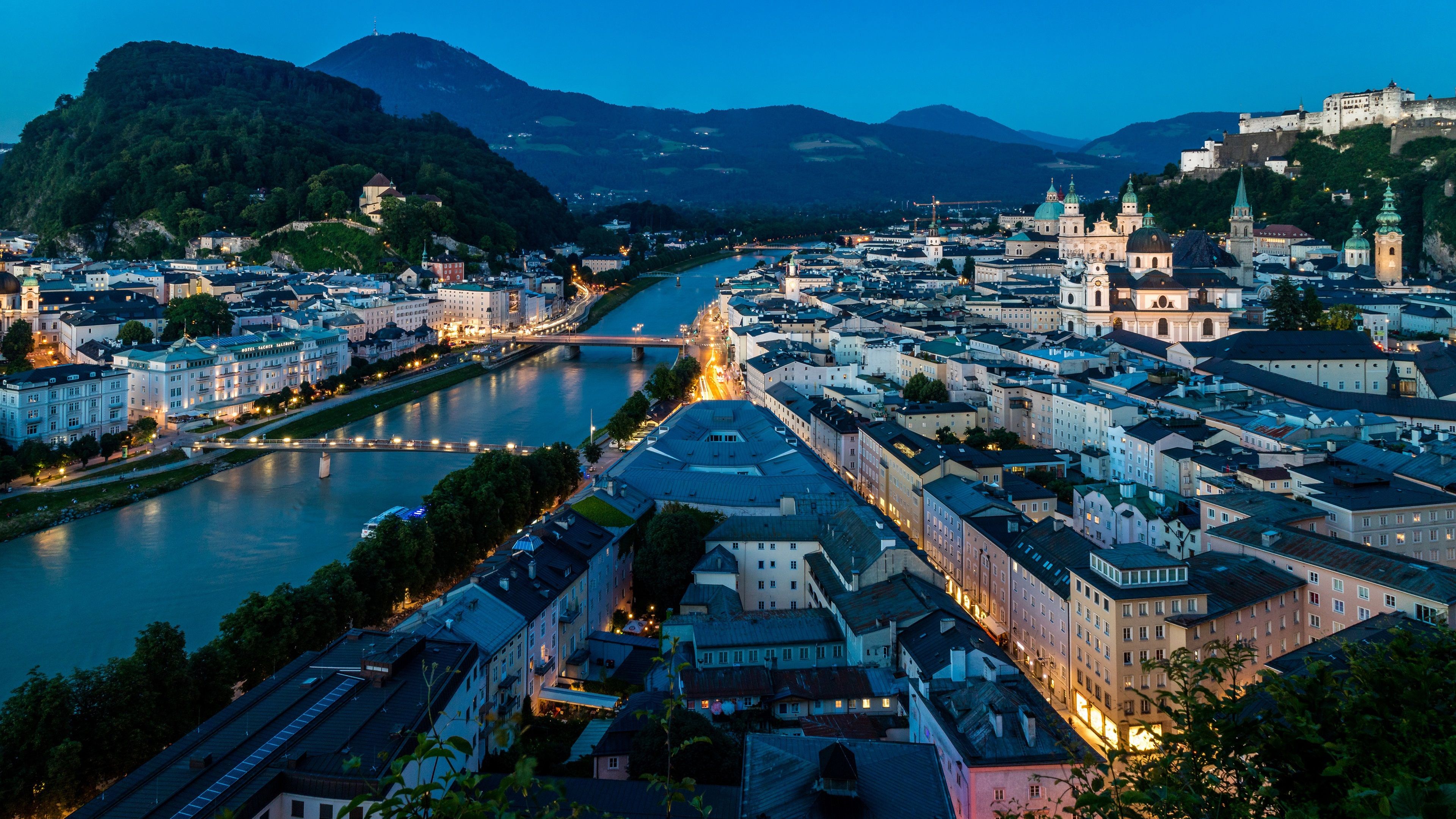 Wallpaper Salzburg, Austria, city night, river, bridge, houses, lights 3840x2160 UHD 4K Picture, Image