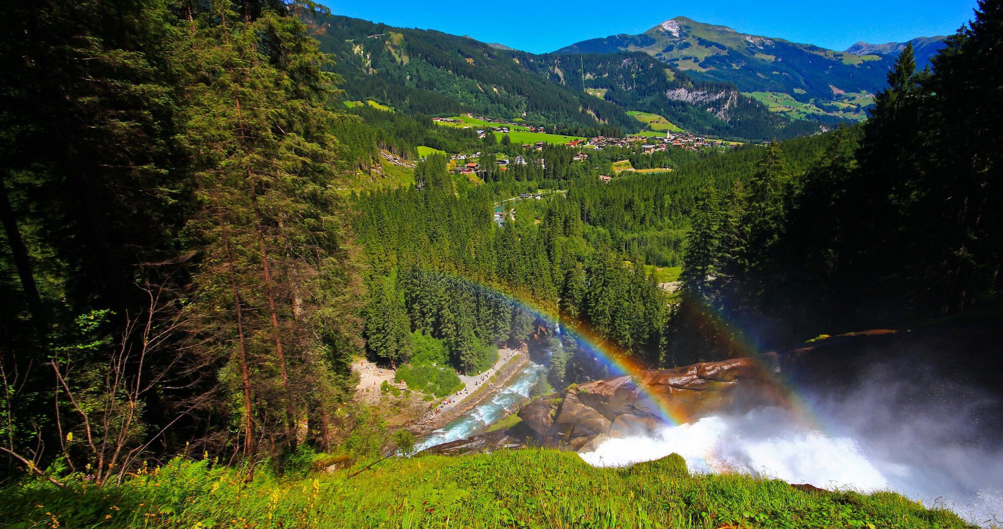krimml waterfalls austria 4k ultra HD wallpaper. Waterfall, Rainbow mountain, Valley village