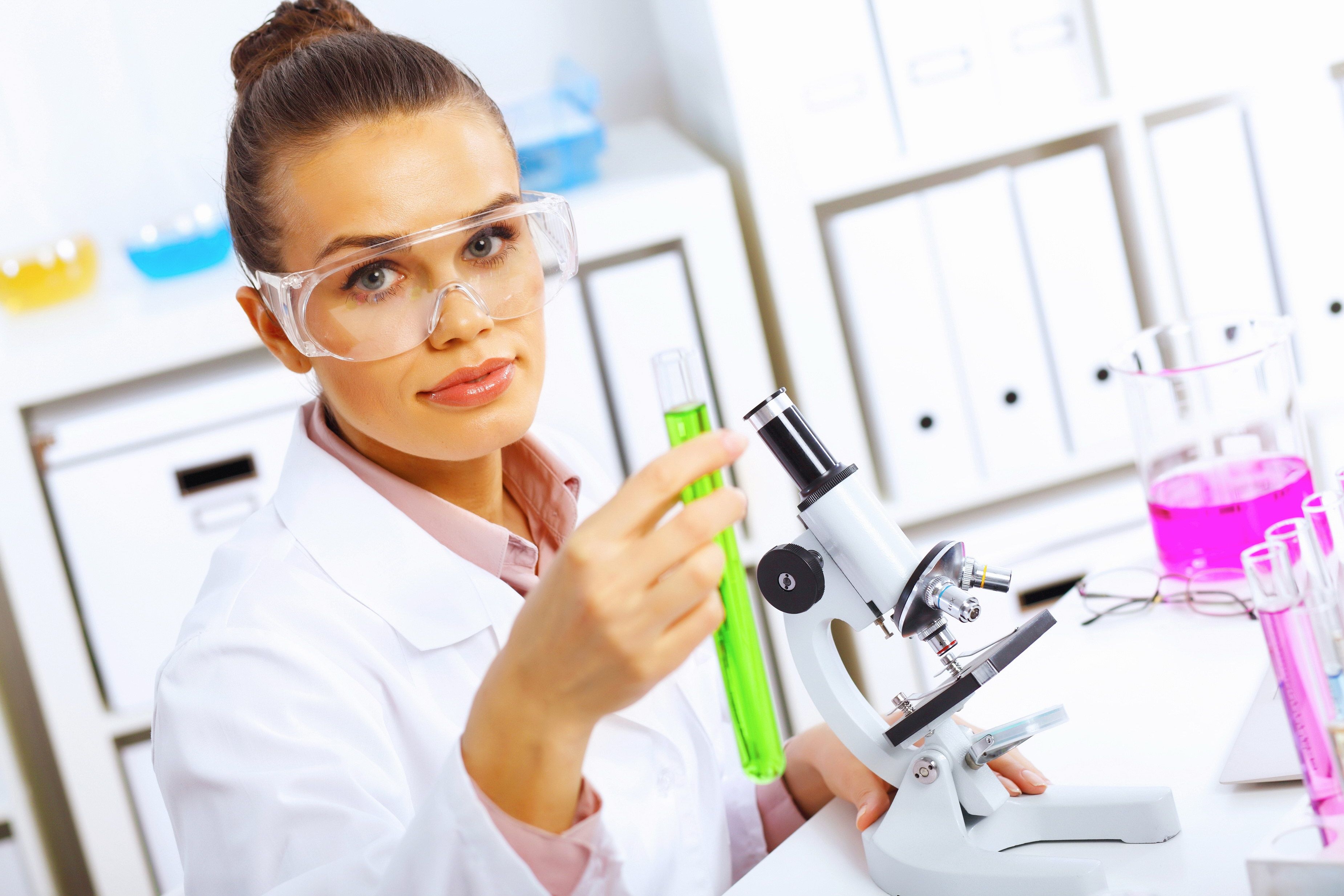 Wallpaper, glasses, Person, chemistry, test tube, Chemist, girl, profession, researcher, laboratory, research, microscope 3700x2467