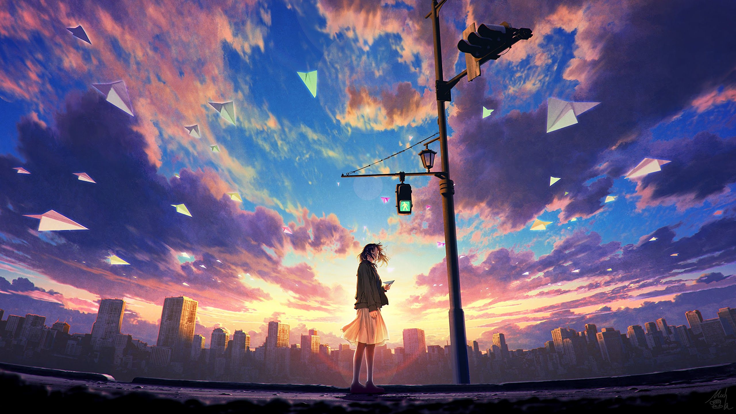 Anime, Girl, Sky, Clouds, Sunrise, Scenery, 4k, HD Wallpaper