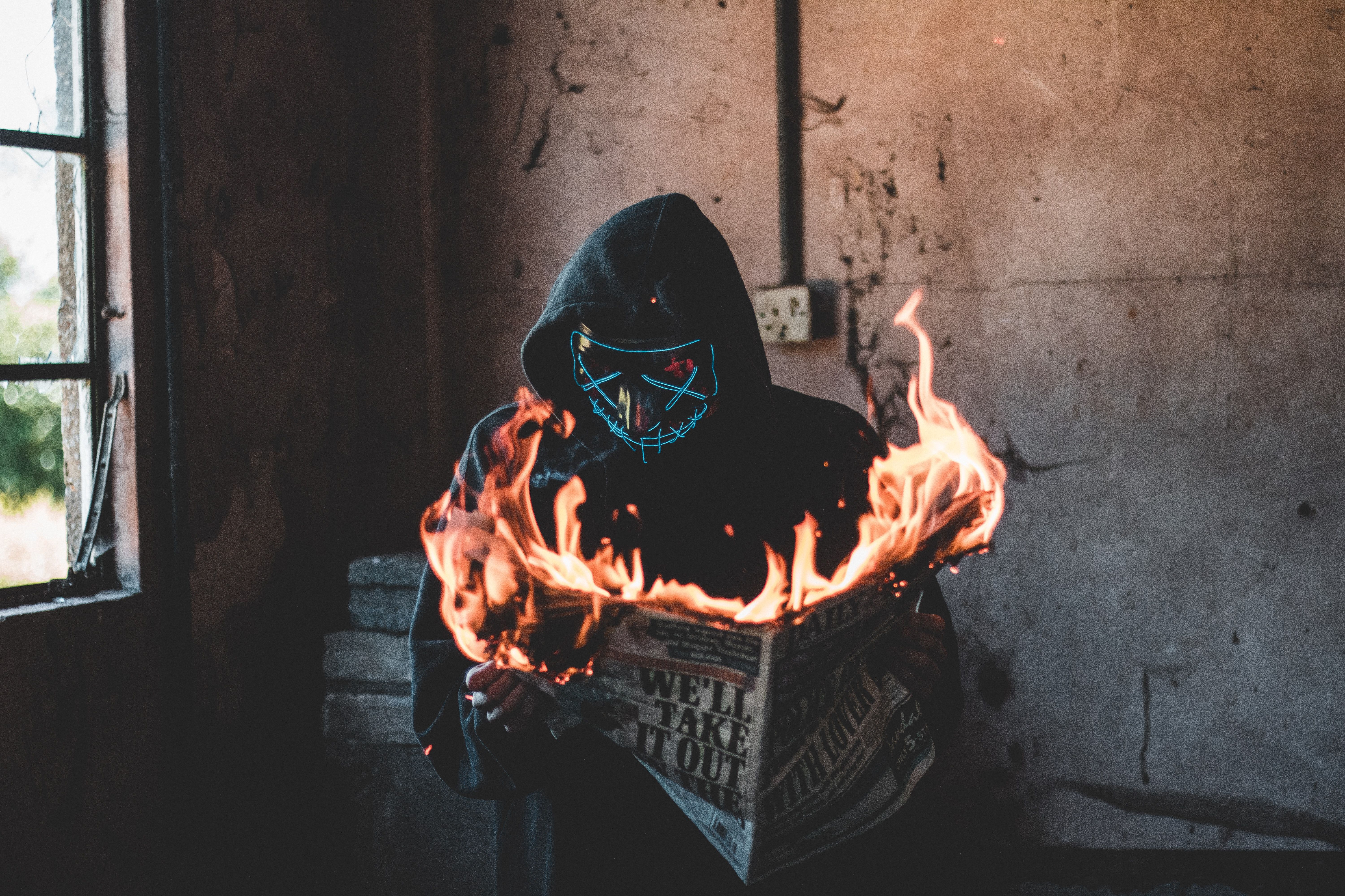 Hidden Mask Guy Burning Newspaper 1024x768 Resolution HD 4k Wallpaper, Image, Background, Photo and Picture
