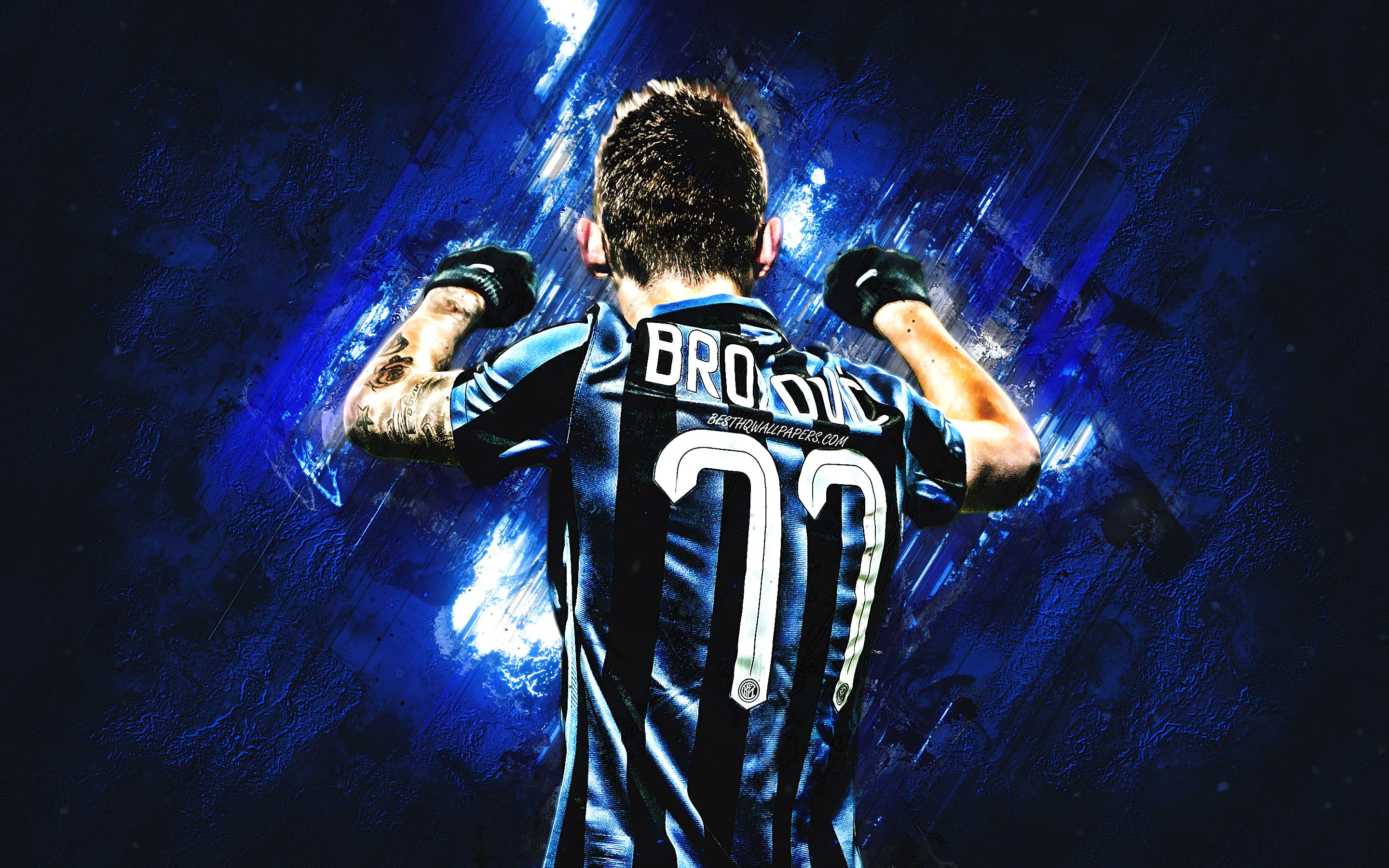 Download wallpaper Marcelo Brozovic, blue stone, Internazionale, Italy, football, croatian footballers, Serie A, Brozovic, Inter Milan, soccer, italian football club, grunge, Inter Milan FC, abstract art for desktop with resolution 2880x1800. High