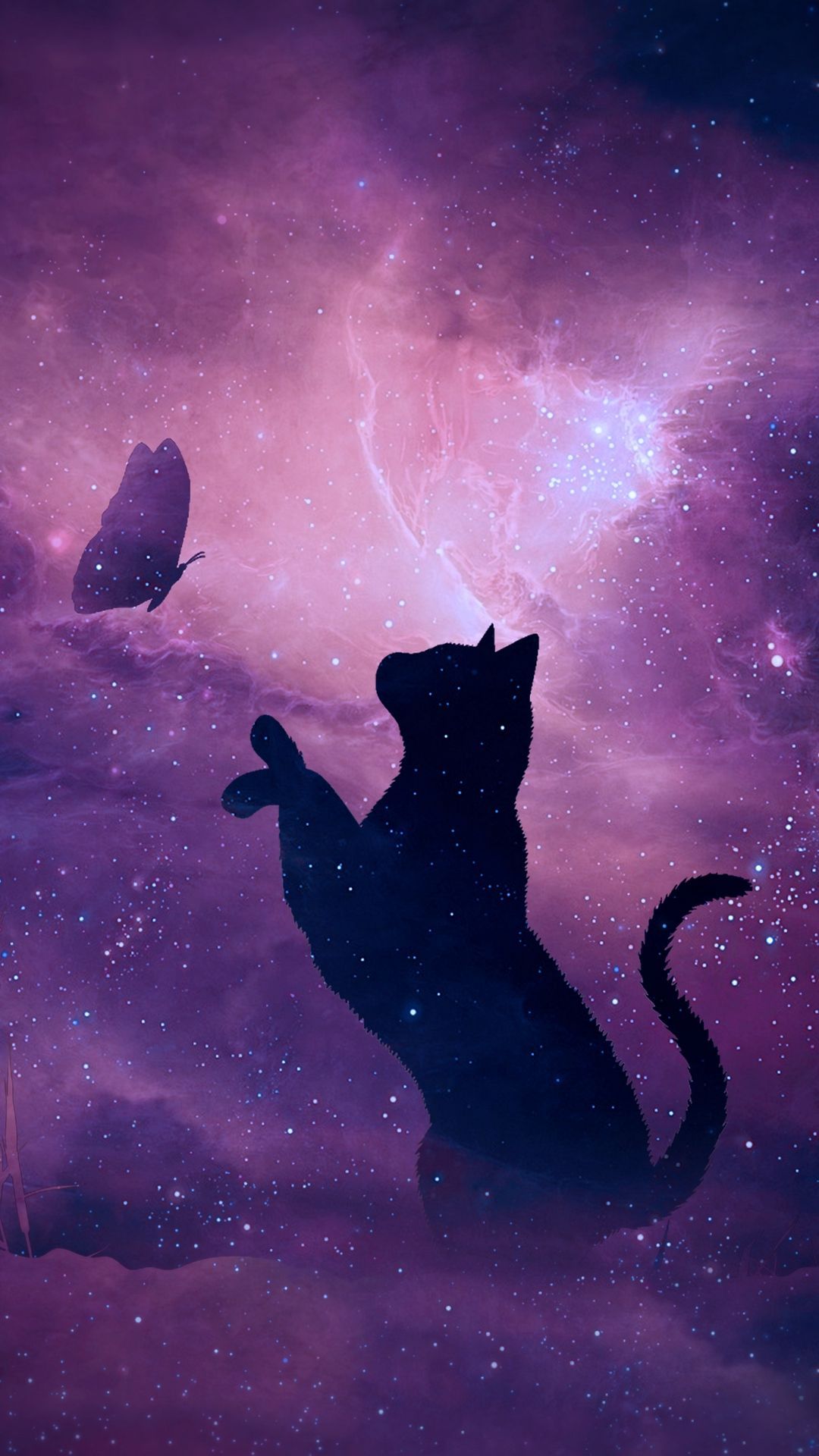 Black cat, Purple, Violet, Sky, Celestial event, Illustration. Black cat anime, Cat wallpaper, Cat art