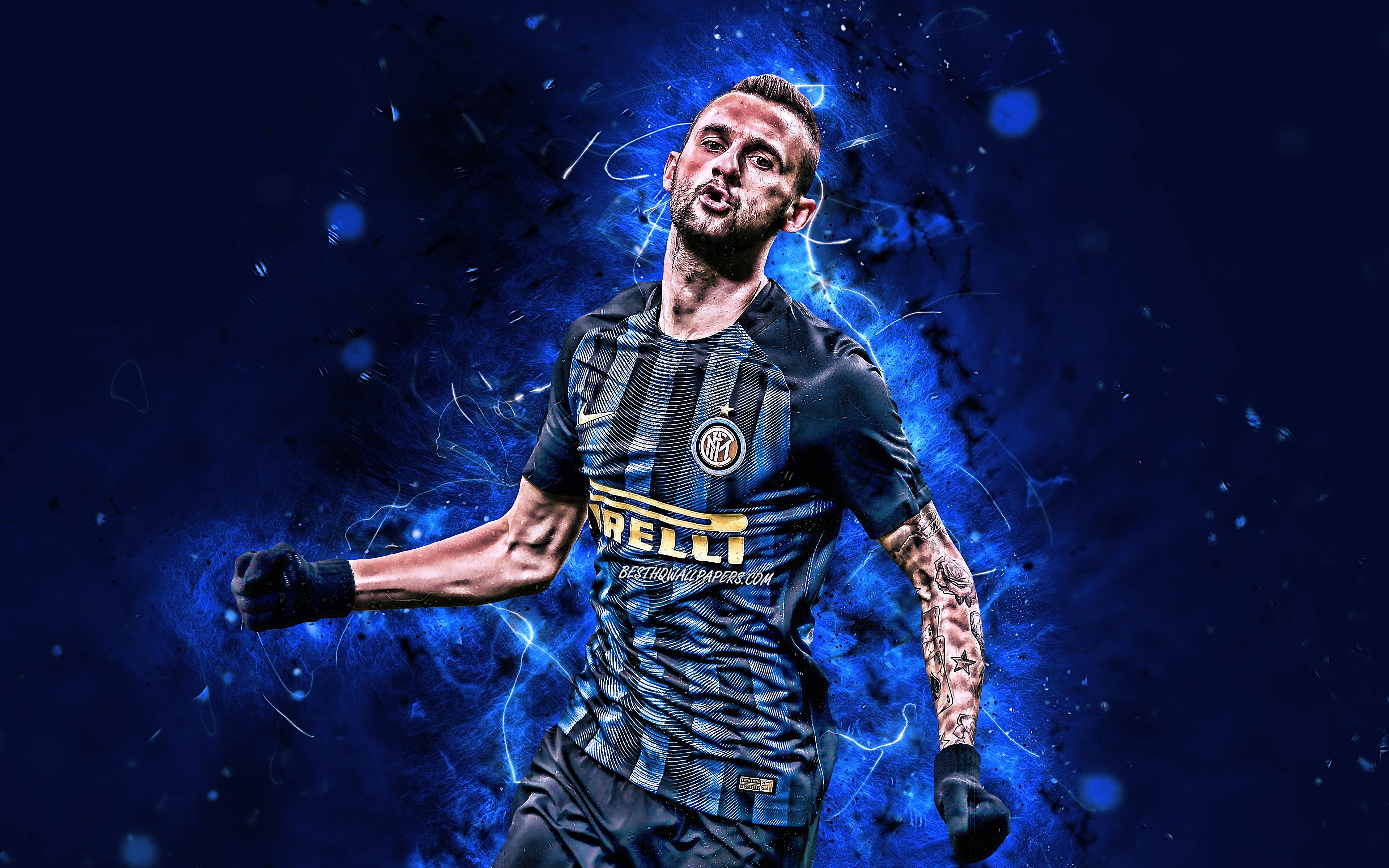 Download wallpaper 4k, Marcelo Brozovic, croatian footballers, Internazionale, goal, Italy, football, Serie A, Brozovic, Inter Milan, soccer, italian football club, neon lights, Inter Milan FC for desktop with resolution 3840x2400. High Quality