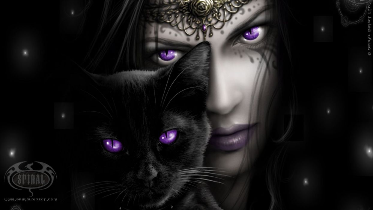 Witch purple eyes black cat wallpaperx1080