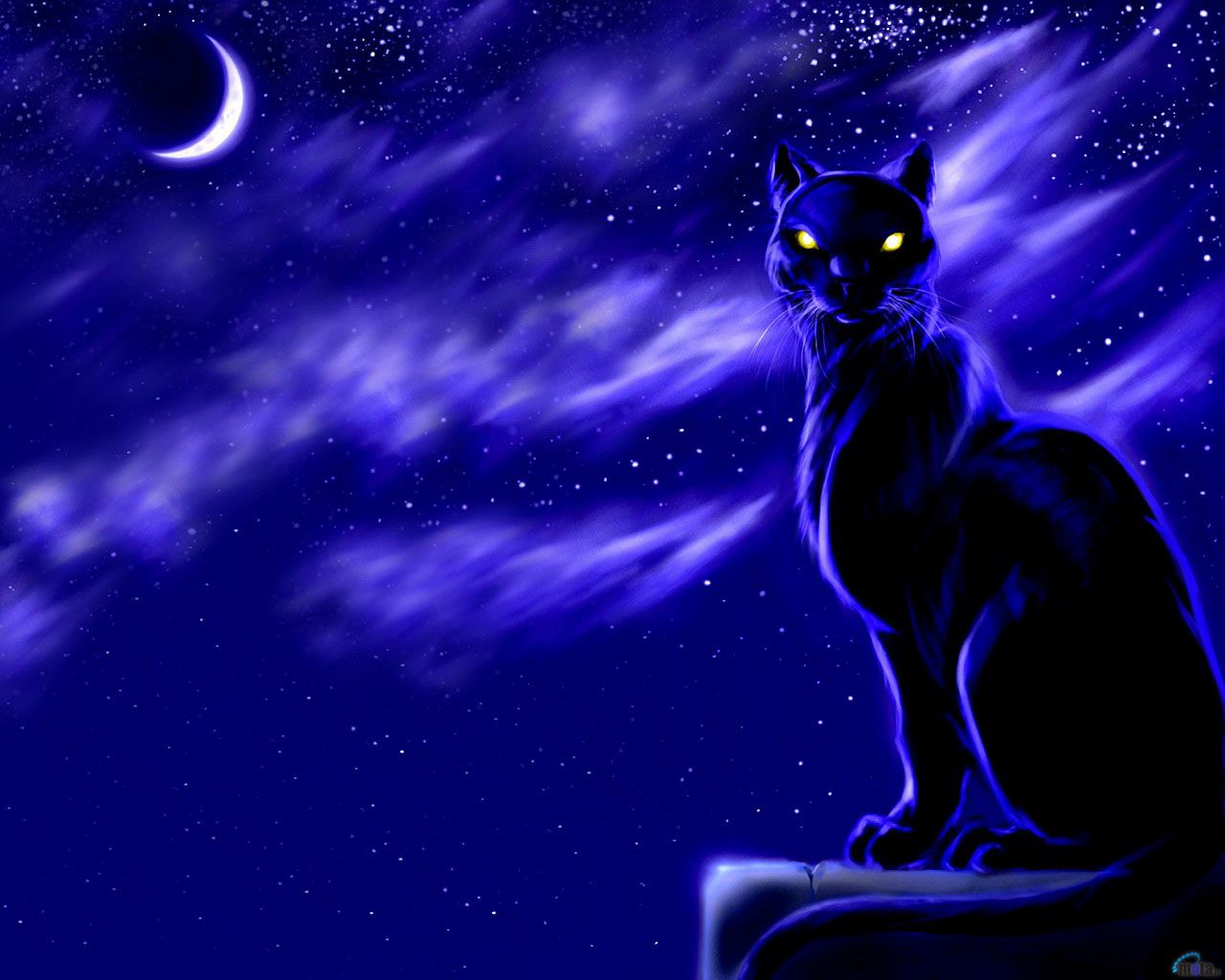 Mystical cat Background.. cat, clouds, dark, darkness, Eyes, glowing eyes, ledge, moon, Mystic. Black cat art, Blue artwork, Cat art