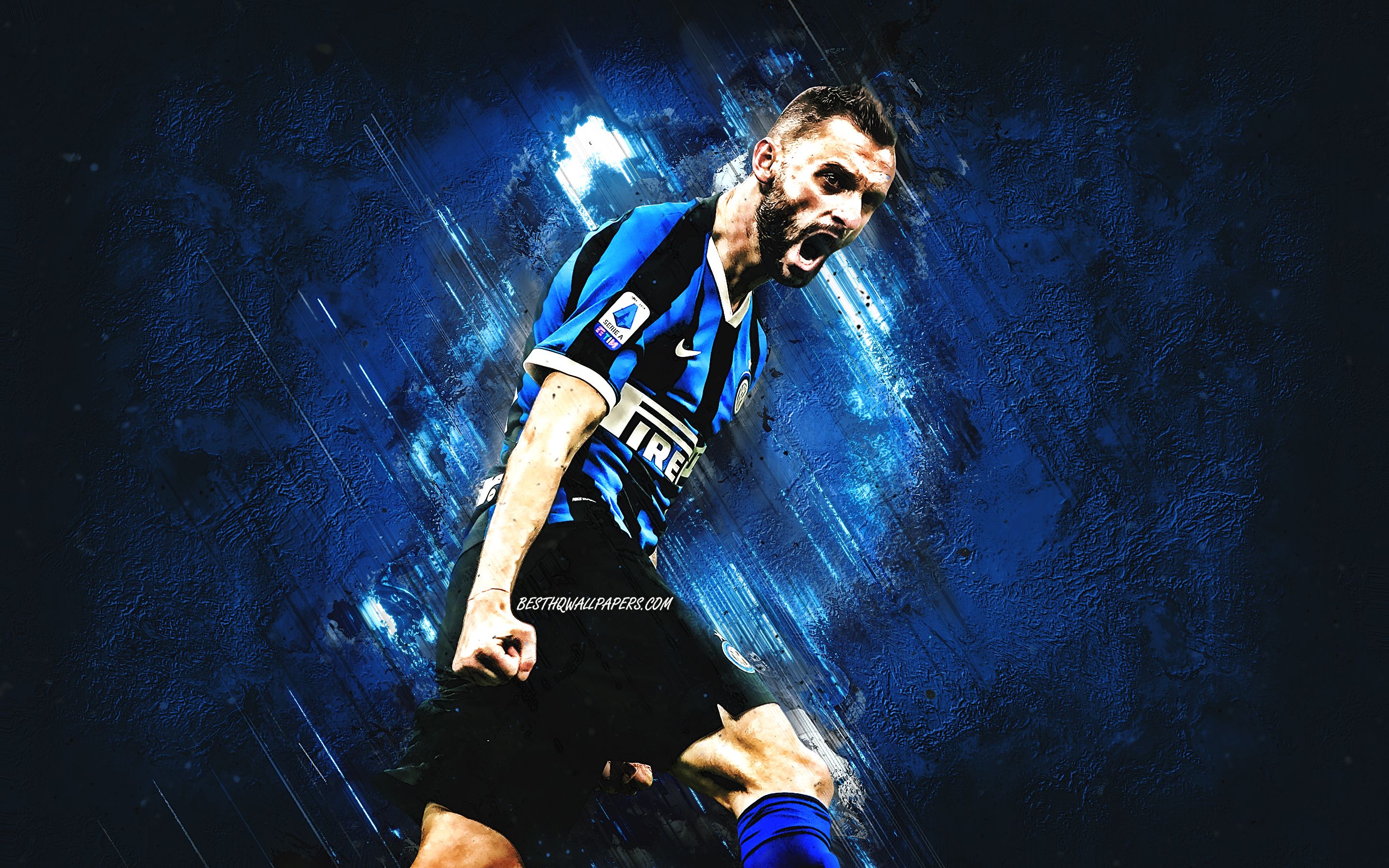 Download wallpaper Marcelo Brozovic, FC Internazionale, Croatian footballer, midfielder, blue stone background, Serie A, Italy, football for desktop with resolution 2880x1800. High Quality HD picture wallpaper