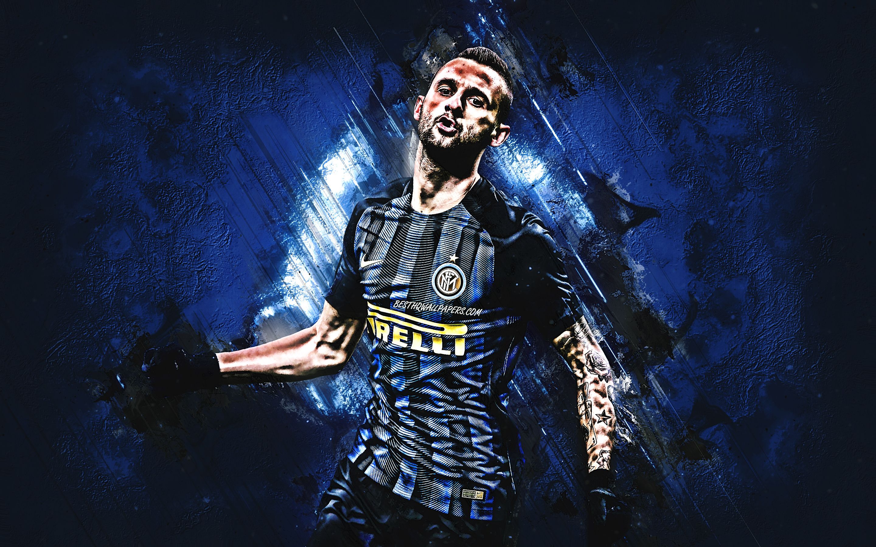 Download wallpaper Marcelo Brozovic, Internazionale FC, midfielder, blue stone, portrait, famous footballers, football, Croatian footballers, Inter Milan FC, grunge, Serie A, Italy for desktop with resolution 2880x1800. High Quality HD picture wallpaper