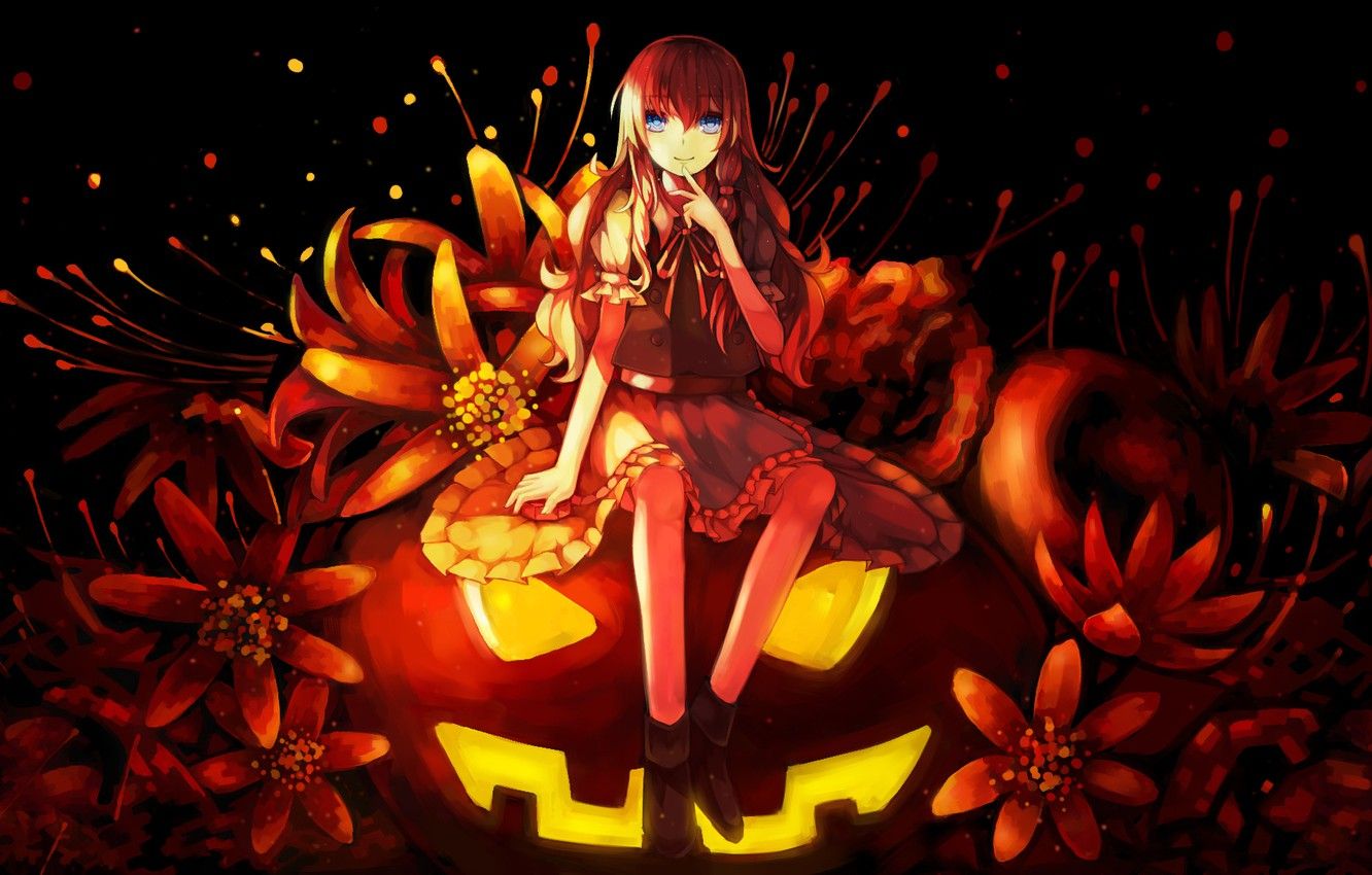 Wallpaper girl, flowers, holiday, anime, art, pumpkin, halloween, touhou, kirisame marisa, dead line image for desktop, section прочее