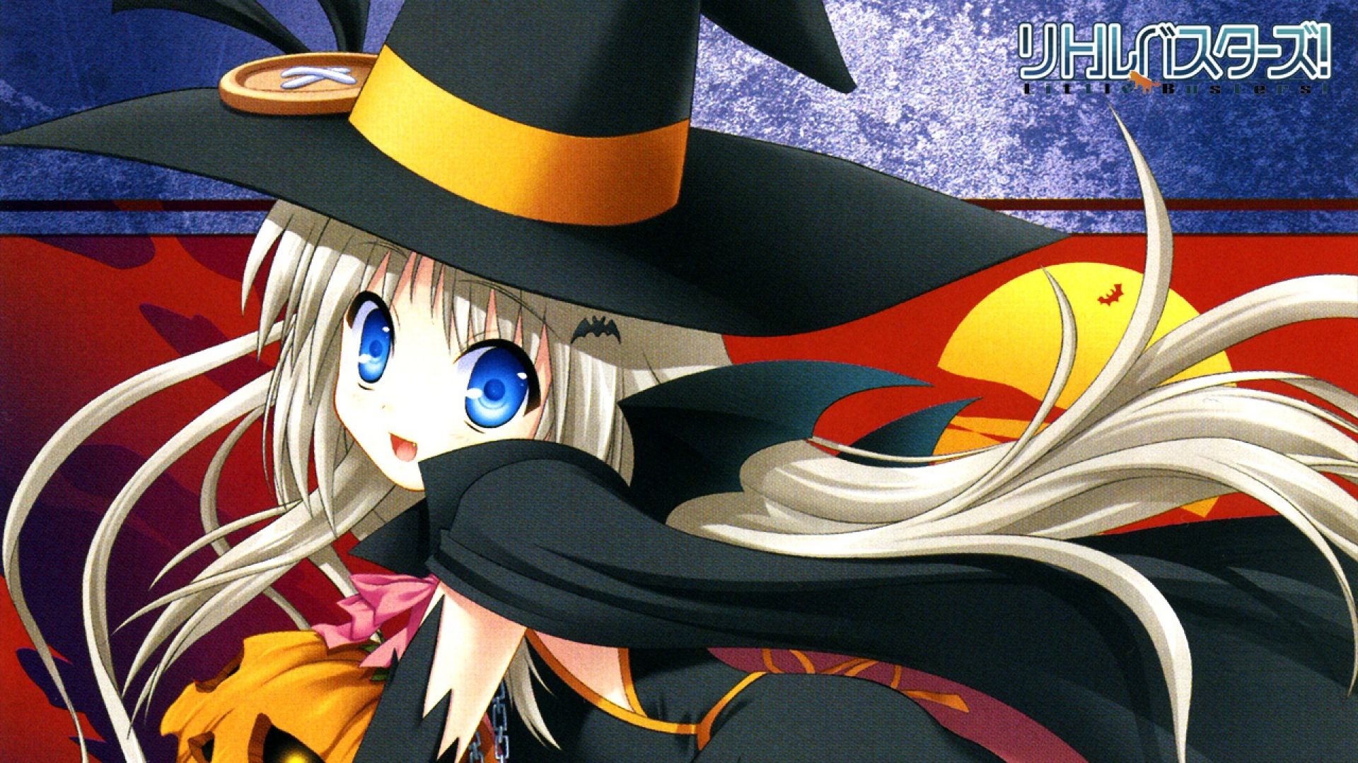 Download Wallpaper 1920x1080 halloween anime, girl, blond, hat, pumpkin, smile Full HD 1080p HD Background