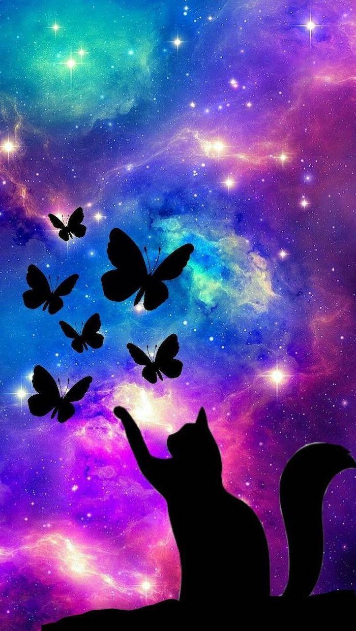 Cat Silhouette Playing With Butterflies Samsung Galaxy Wallpaper Colorful Galaxy In The Background Filled. Cool Galaxy Wallpaper, Galaxy Wallpaper, Galaxy Image