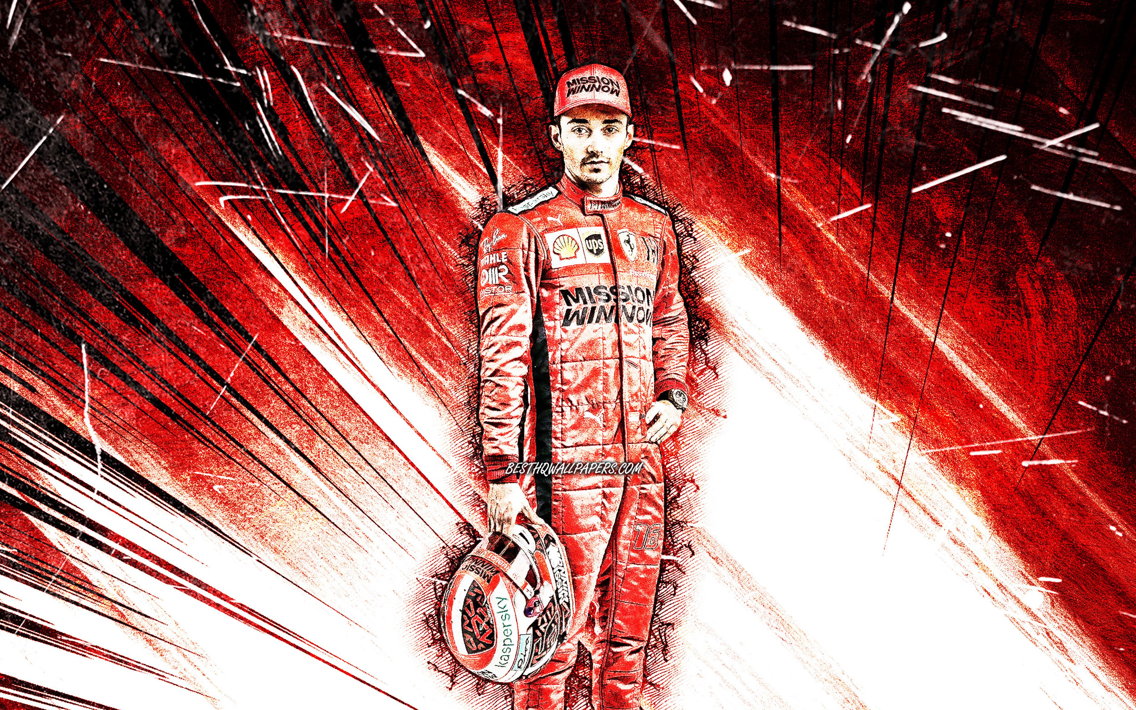 Download wallpaper 4k, Charles Leclerc, grunge art, Scuderia Ferrari Mission Winnow, monegasque racing drivers, Formula red abstract rays, F1 2021 for desktop with resolution 3840x2400. High Quality HD picture wallpaper