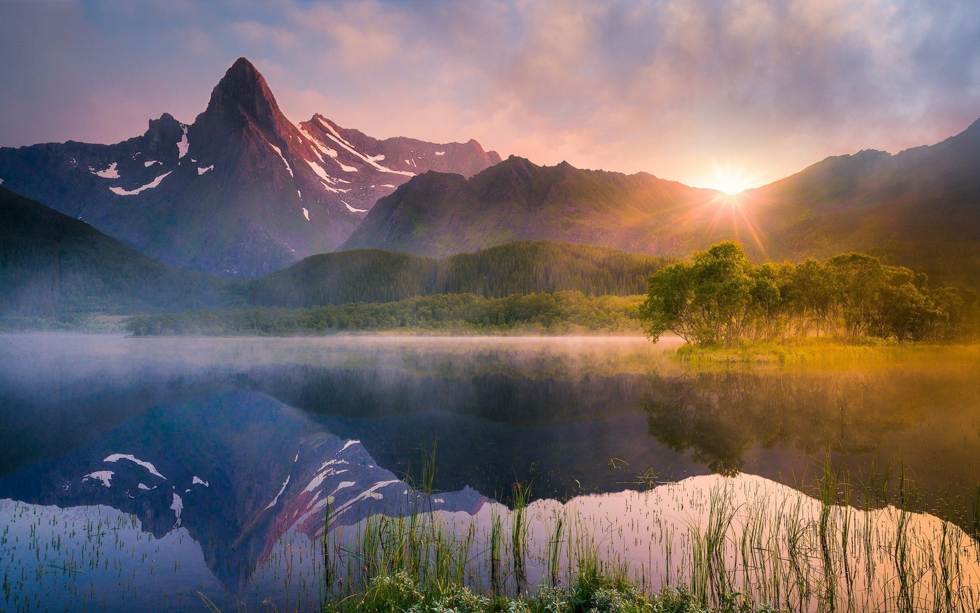 nature landscape lake sunrise reflection water summer mountain mist norway trees forest wildflowers wallpaper