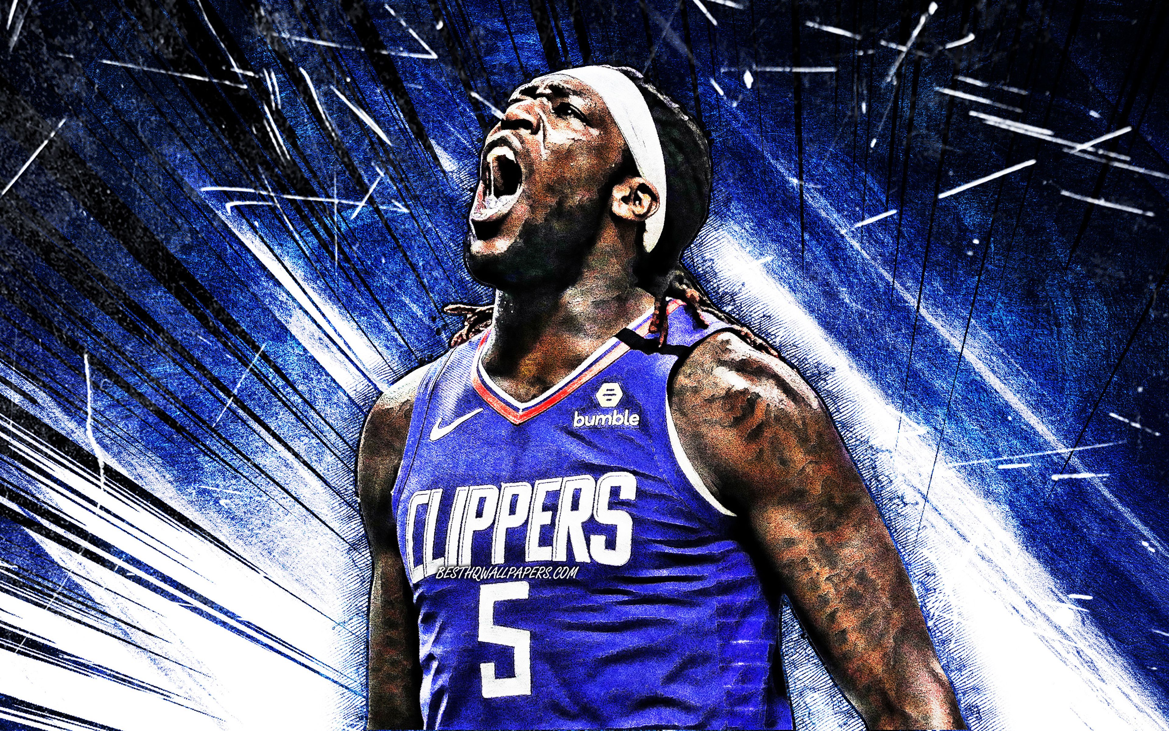 Download wallpaper 4k, Montrezl Harrell, grunge art, Los Angeles Clippers, NBA, basketball, Montrezl Dashay Harrell, blue abstract rays, USA, Montrezl Harrell Los Angeles Clippers, creative, Montrezl Harrell 4K, LA Clippers for desktop