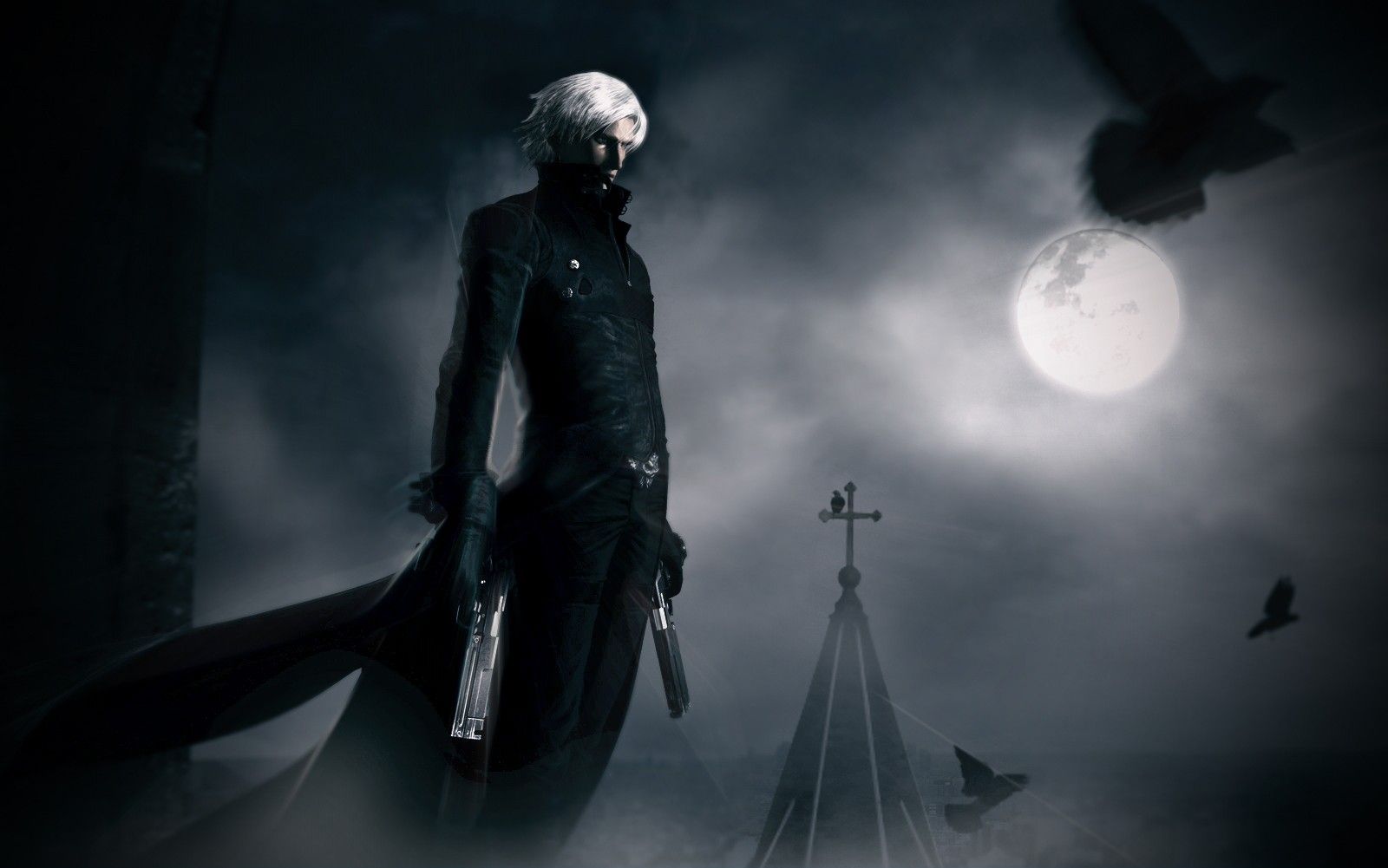 Wallpaper, gun, monochrome, white hair, Moon, cross, Devil May Cry, midnight, Dante, darkness, screenshot, computer wallpaper, fictional character 1600x1001
