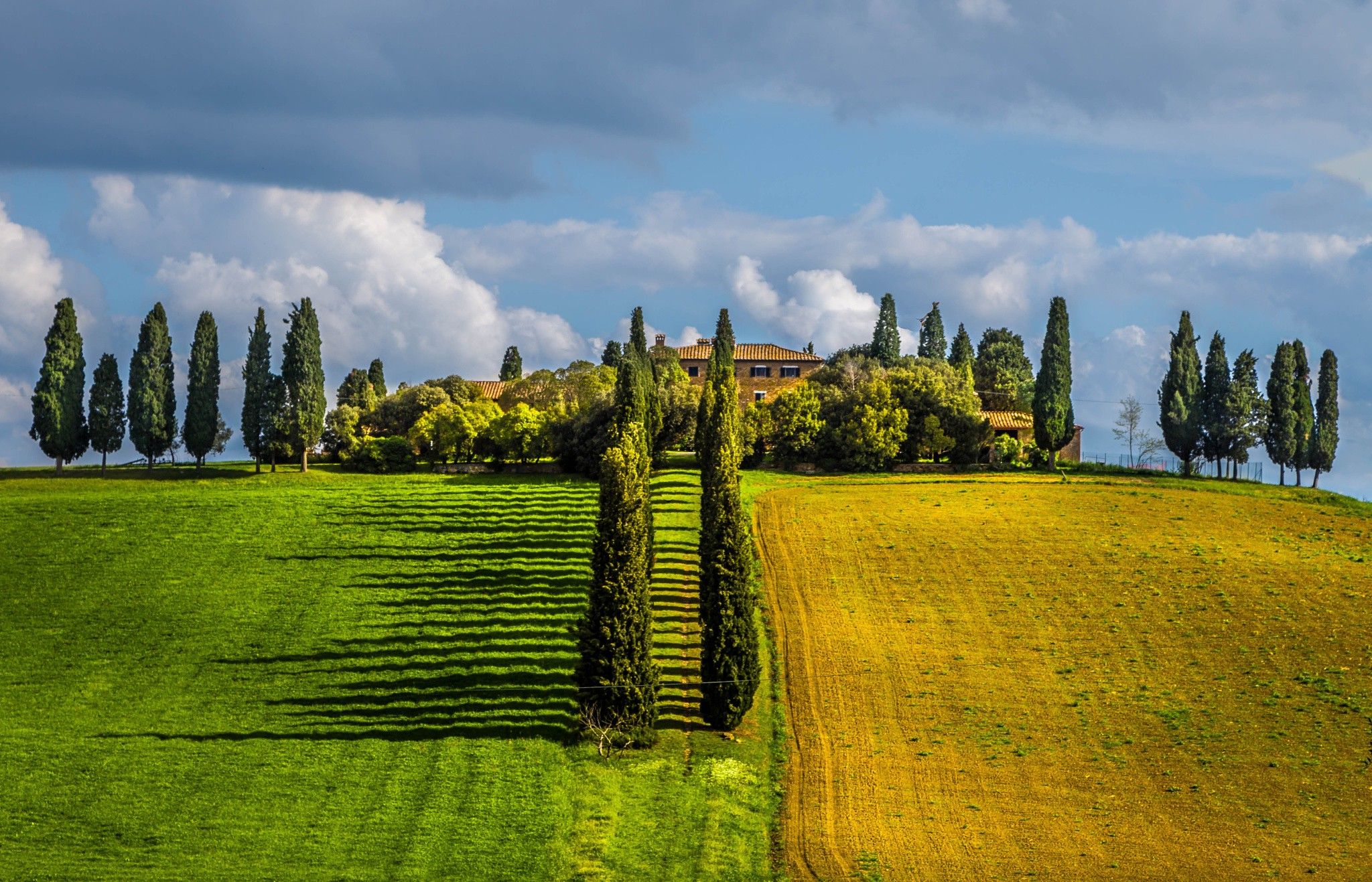 Wallpaper, 2048x1317 px, clouds, field, green, Italy, landscape, nature, spring, trees, Tuscany, villages 2048x1317