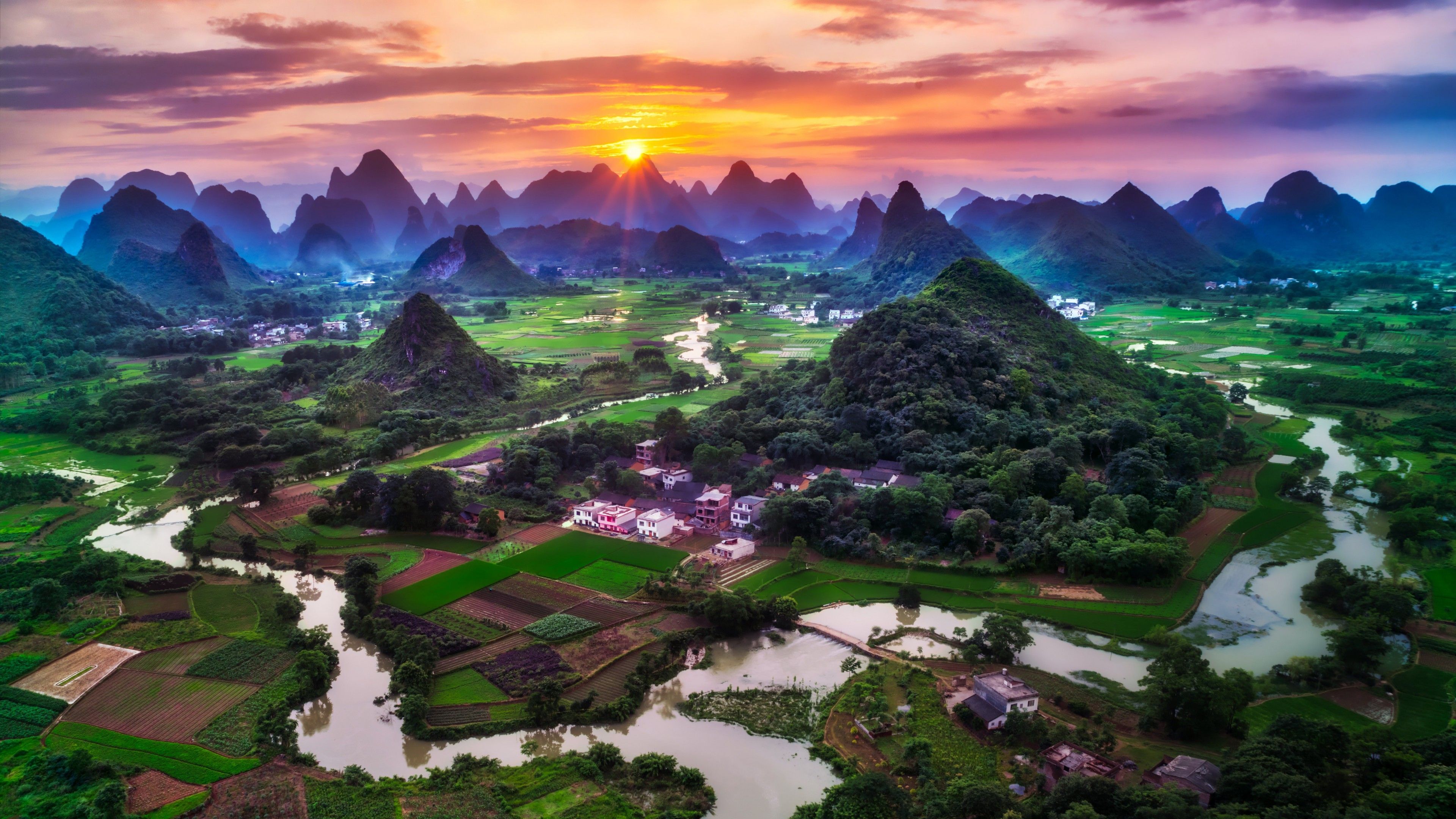 Guilin City 4K Wallpaper, China, Sunset, Beautiful, Green Fields, Village, River, Mountains, Clouds, Nature
