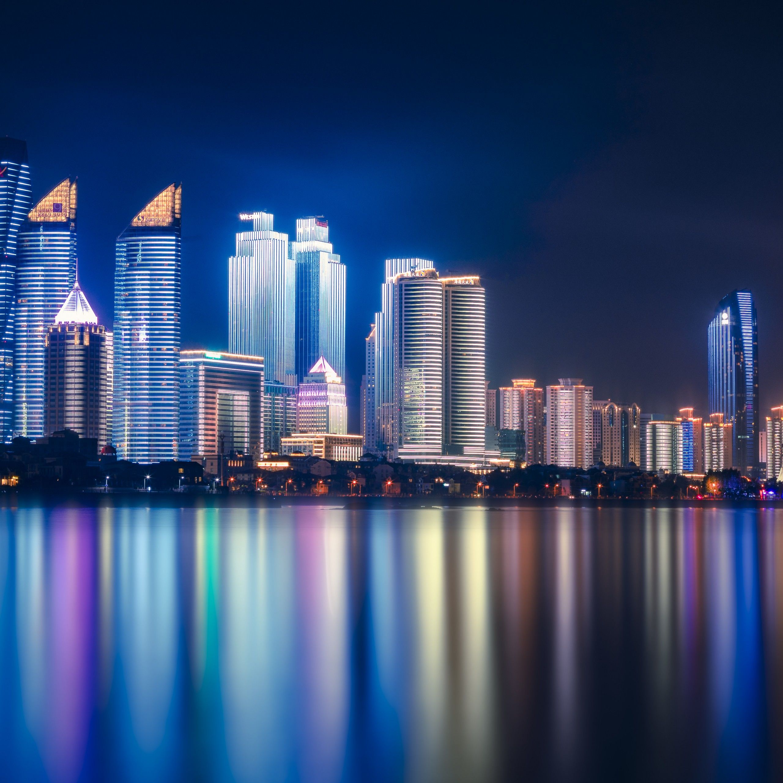 Qingdao 4K Wallpaper, China, Night, Cityscape, City lights, Reflections, 5K, World