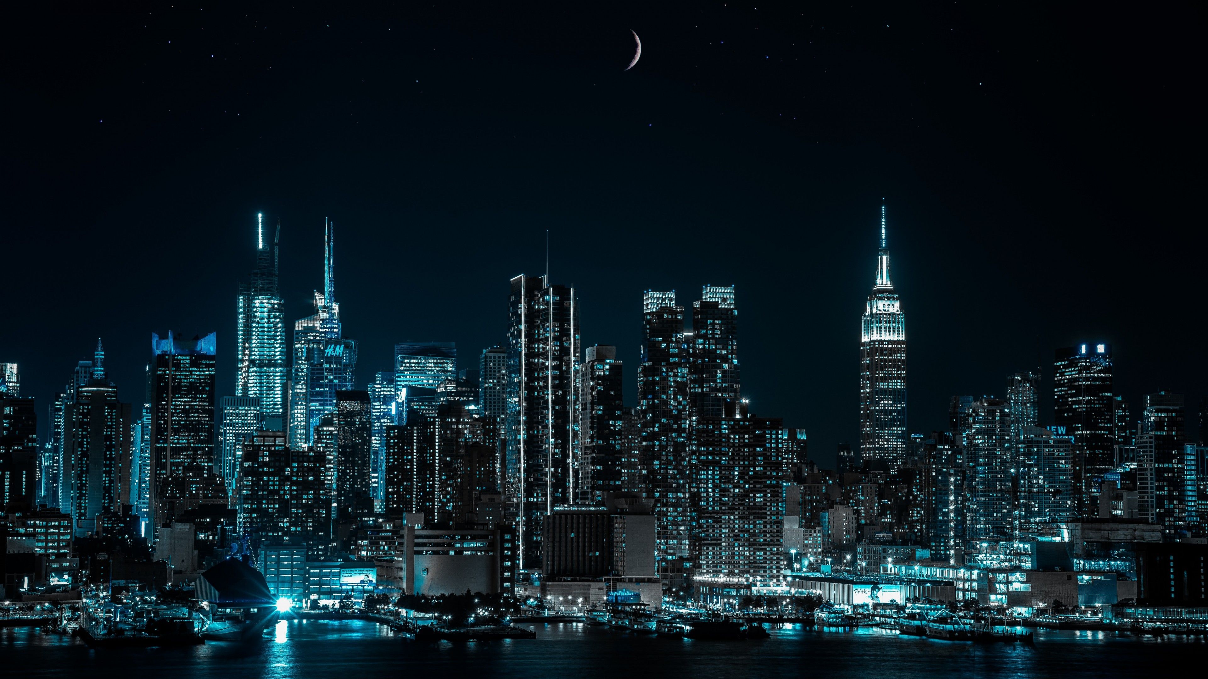 New York City 4K Wallpaper, Cityscape, Night, City lights, Half moon, 5K, World