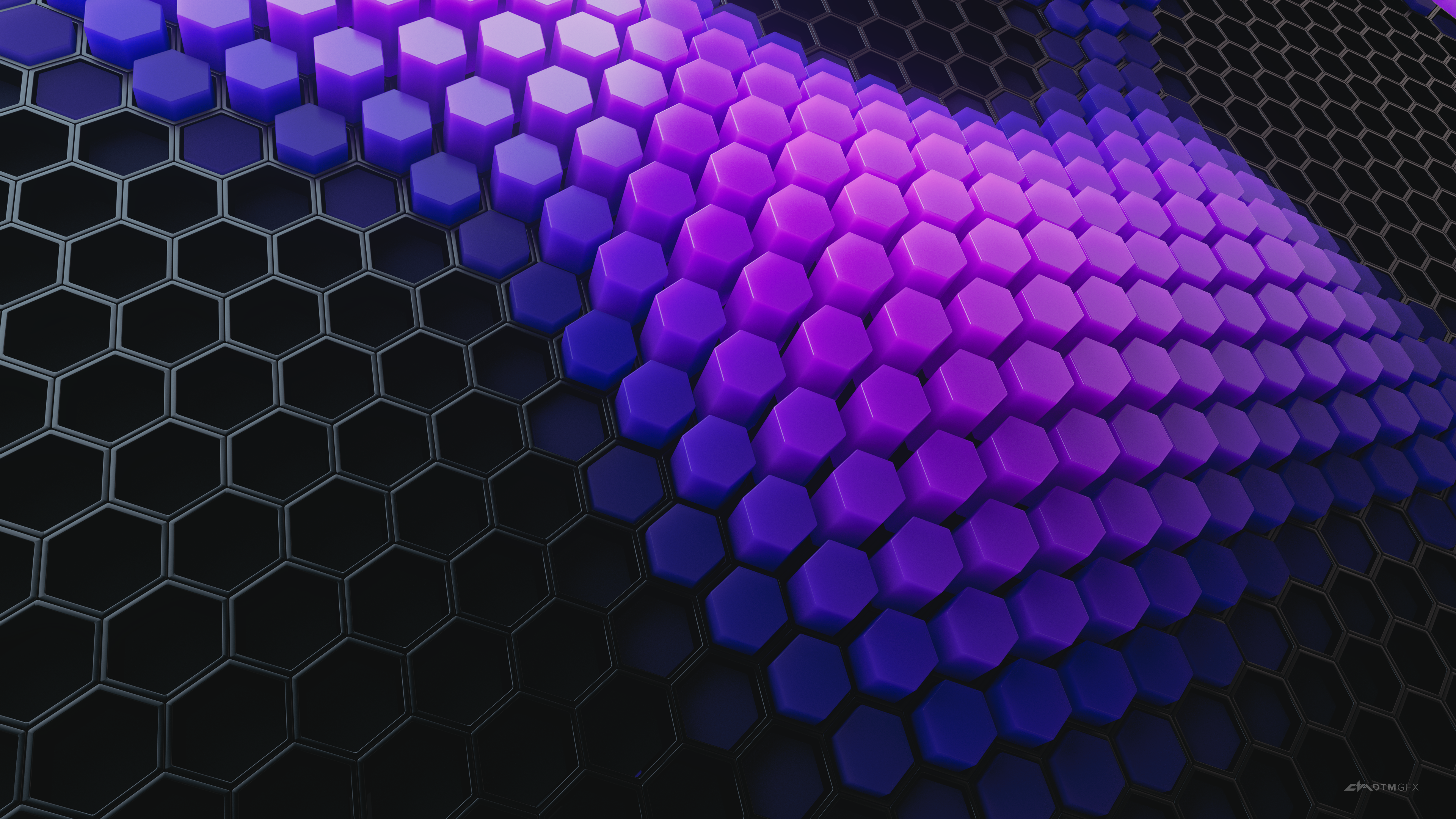Hexagons 4K Wallpaper, Patterns, Violet background, Violet blocks, Black blocks, 3D background, Abstract