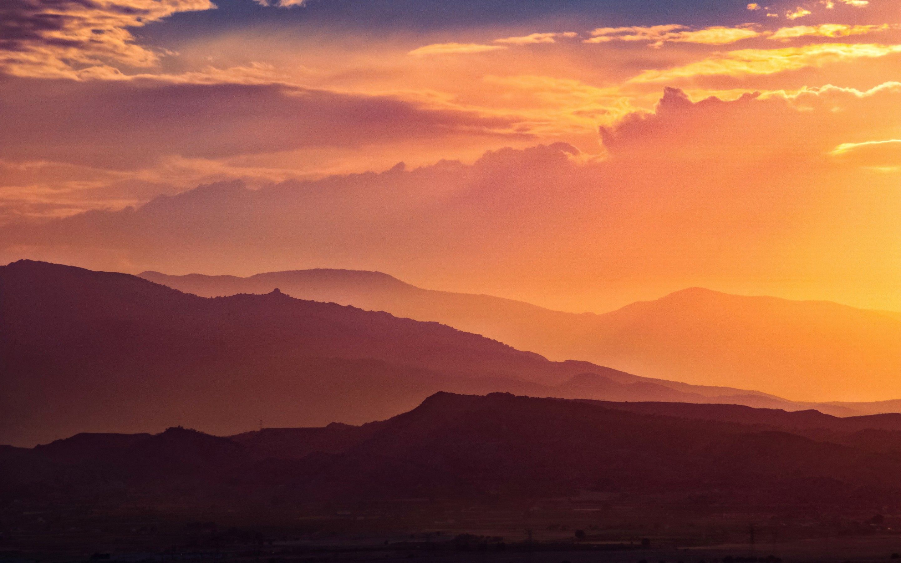 Sunset 4K Wallpaper, Mountain range, Silhouette, Landscape, Orange Sky, Clouds, Sun light, 5K, Nature