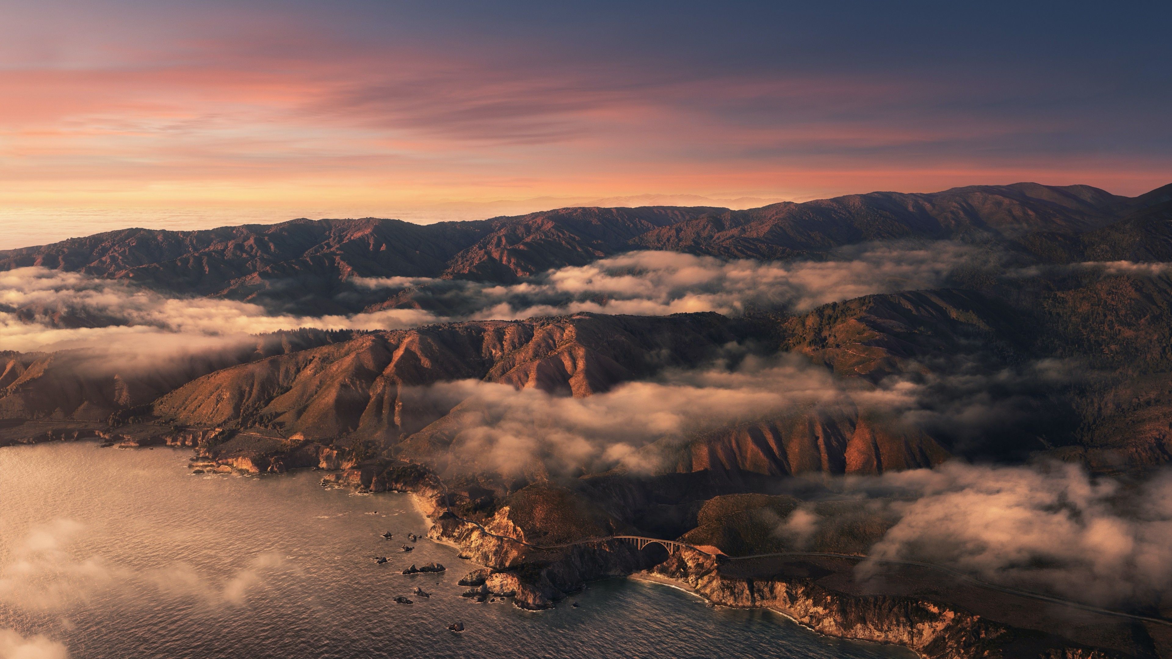 Big Sur 4K Wallpaper, Mountains, Clouds, Sunset, Evening, macOS, Stock, California, Aesthetic, Nature