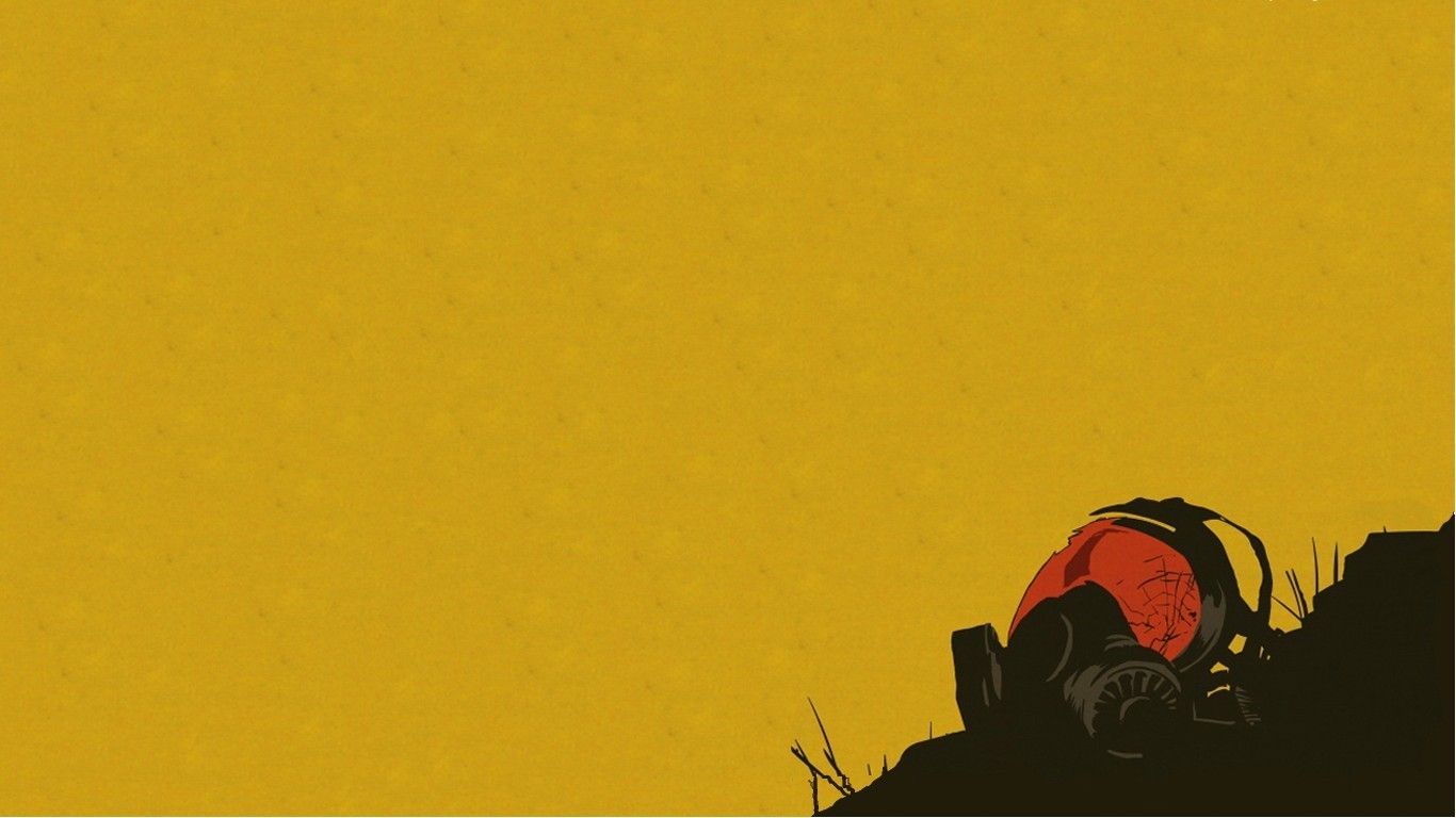 Wallpaper, illustration, gas masks, minimalism, apocalyptic, text, yellow, color, font 1366x768