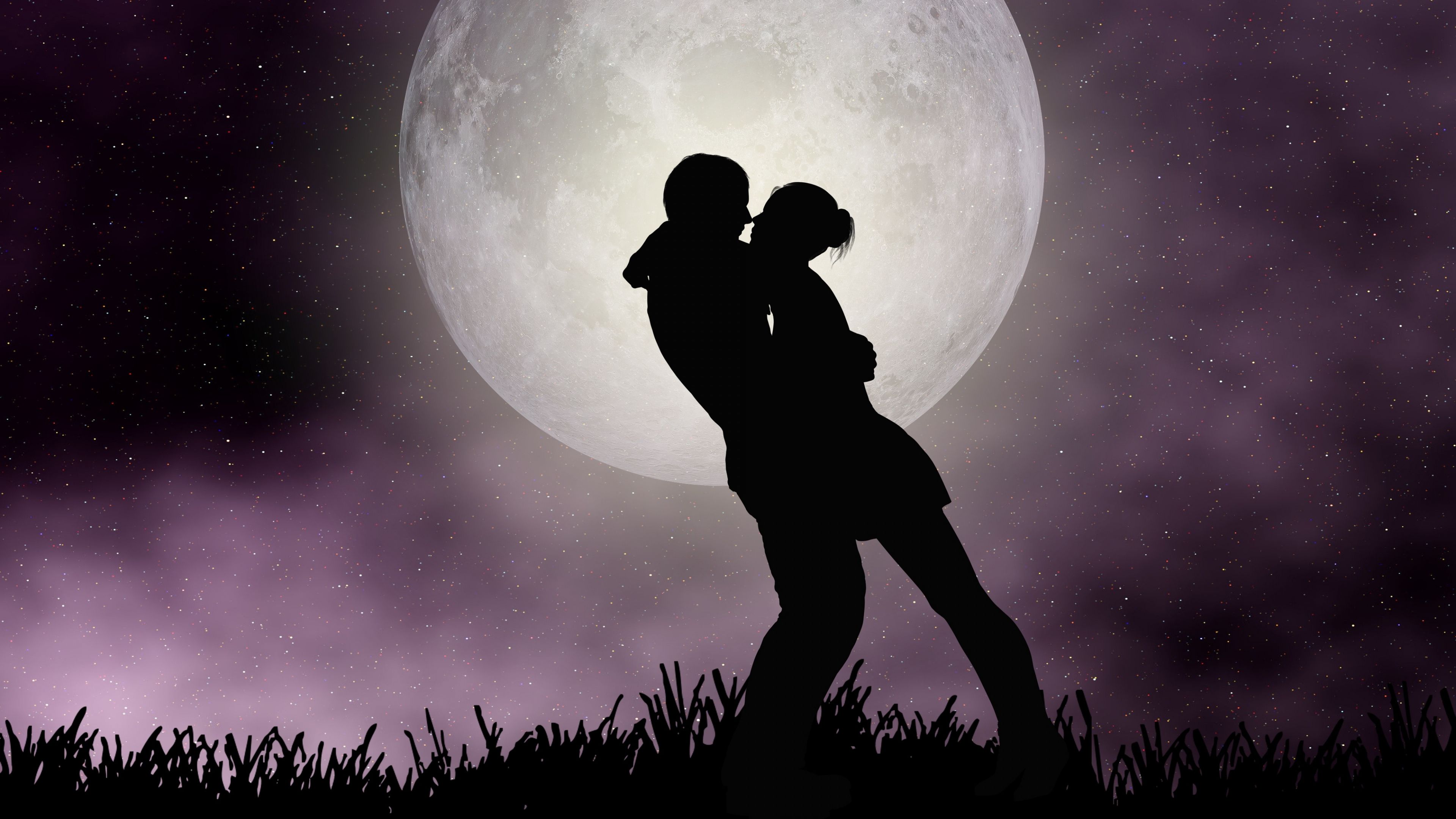 Download Moon, romantic couple, silhouette, art wallpaper, 3840x 4K UHD 16: Widescreen