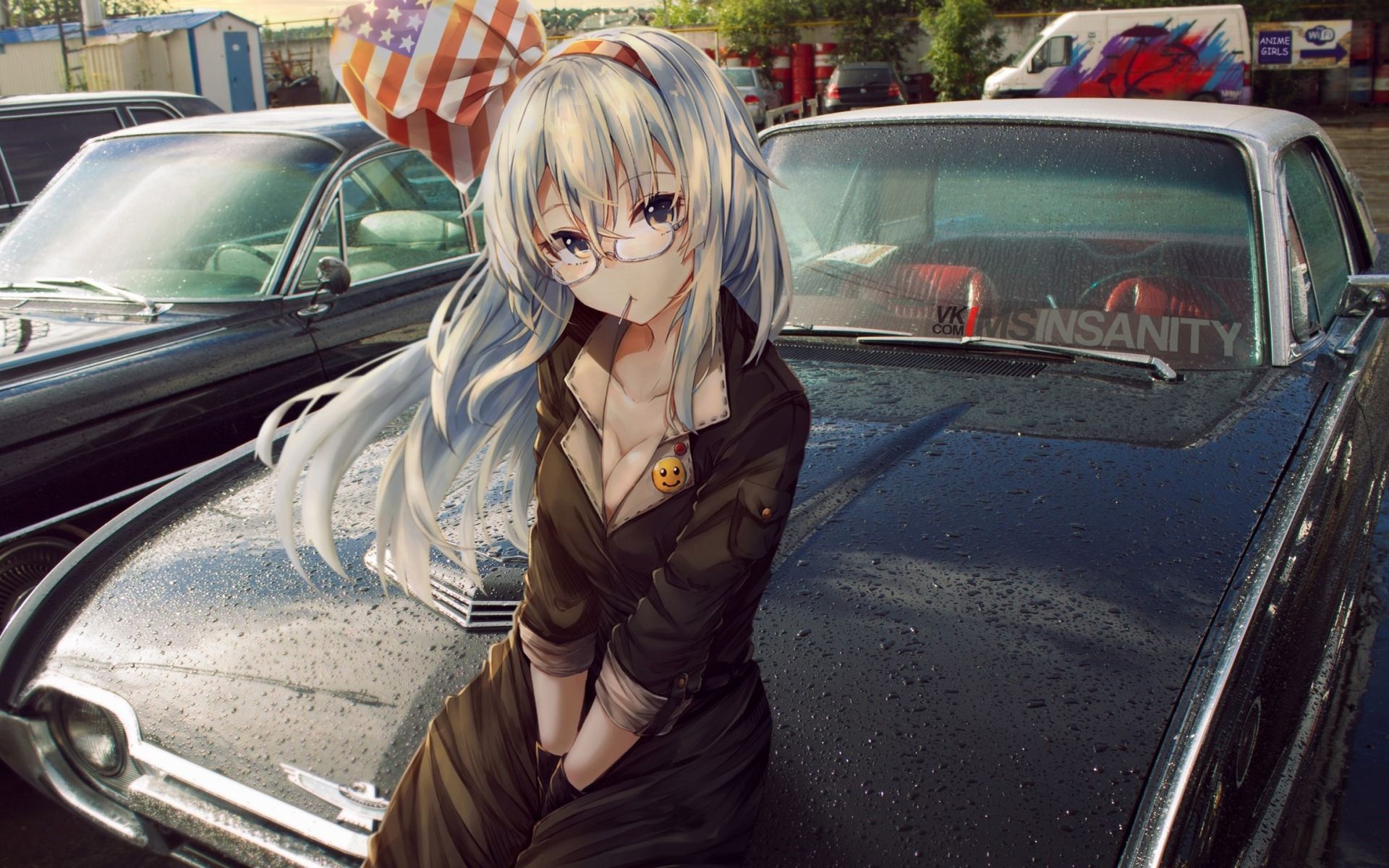 Desktop Wallpaper Sitting On Car, Anime Girl, White Hair, HD Image, Picture, Background, F453b1