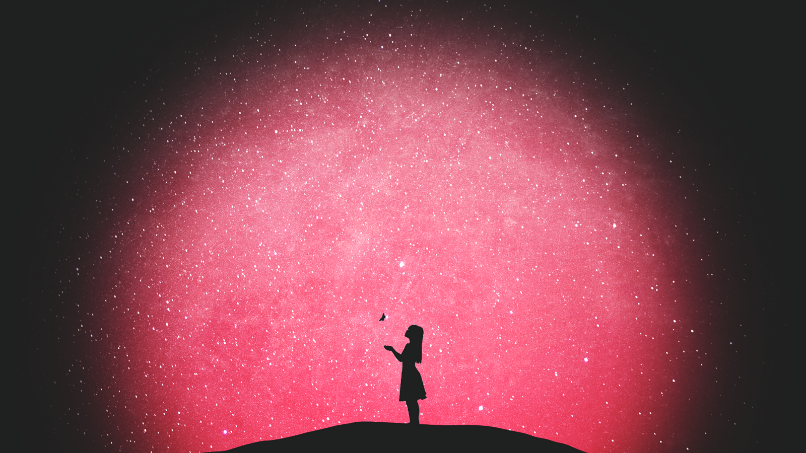 Download 1600x900 Lonely Girl, Pink Sky, Stars, Night, Butterfly Wallpaper