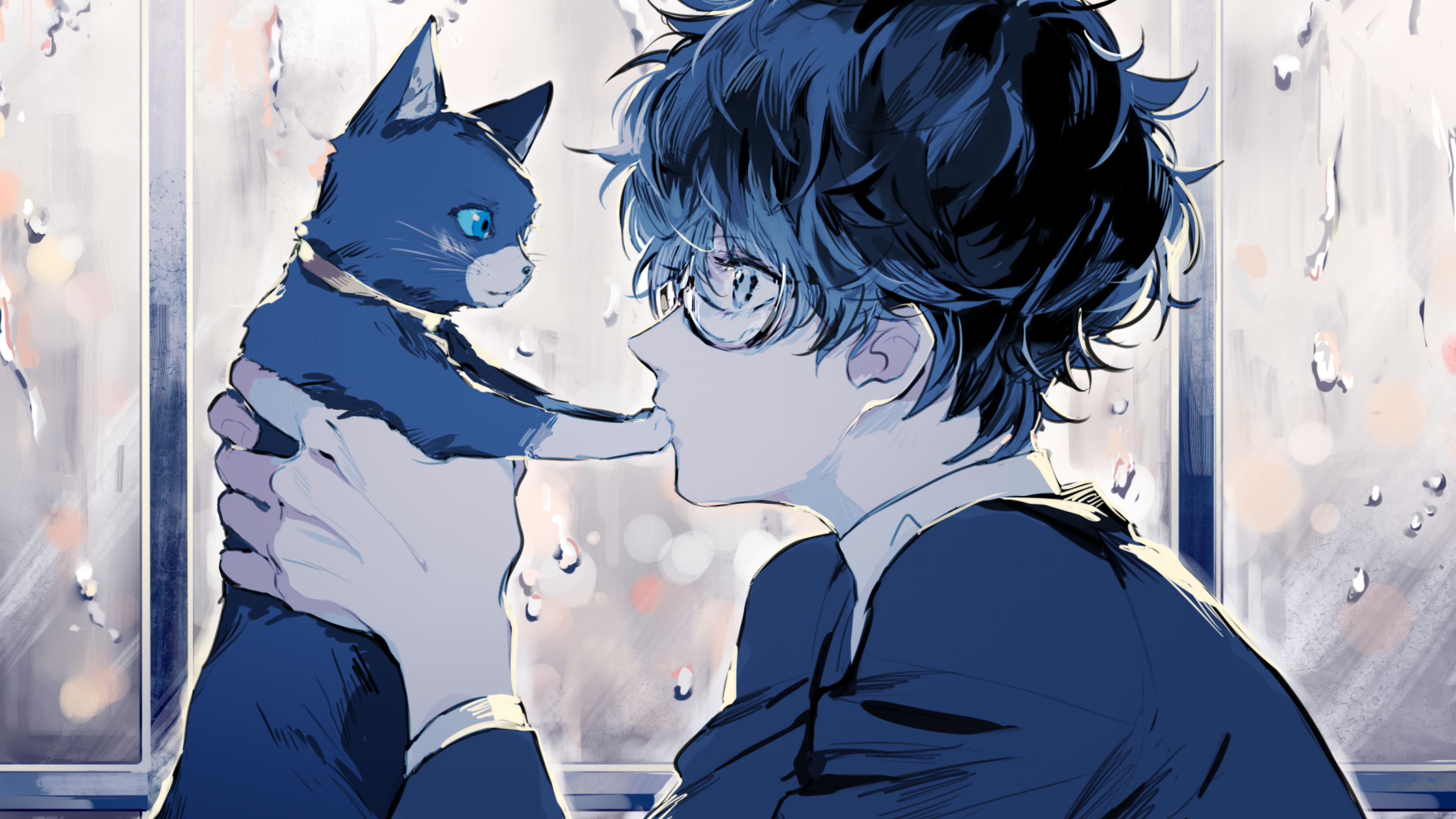 Persona Kurusu Akira, Anime Boy, Cat, Glasses, Profile Blue Hair Anime Boys HD Wallpaper