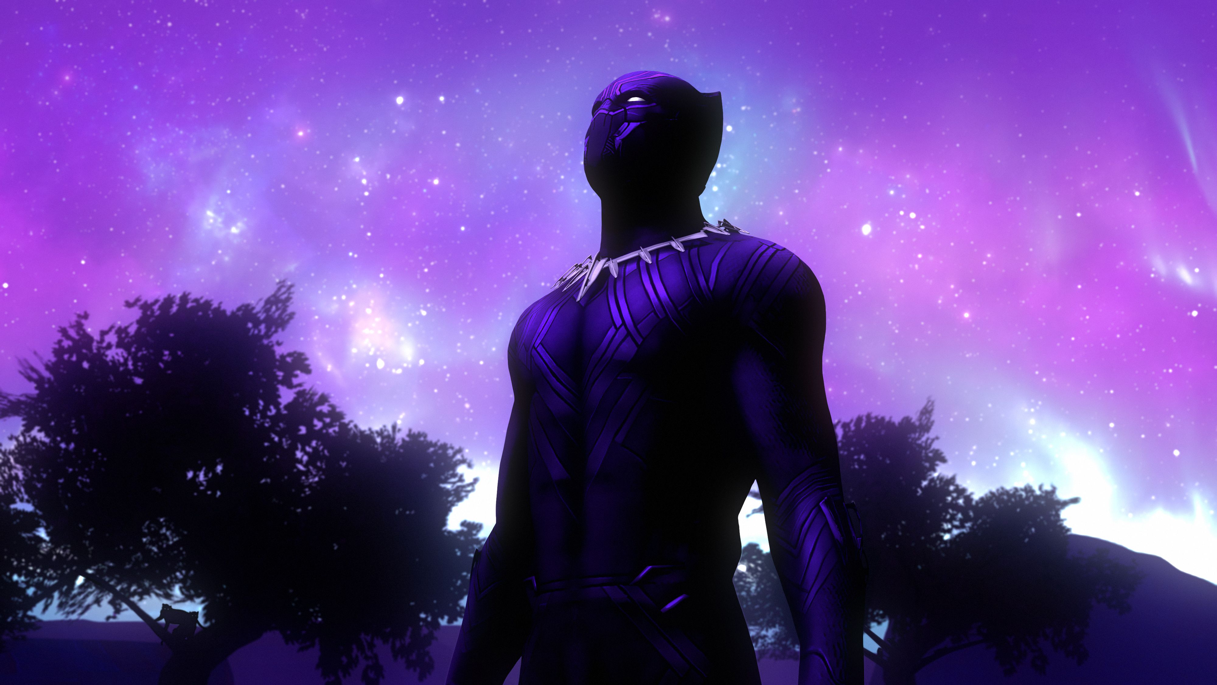 Black Panther 4K Wallpaper, Marvel Comics, Purple Sky, Outer Space, Stars, Sci Fi, Superheroes, Fantasy