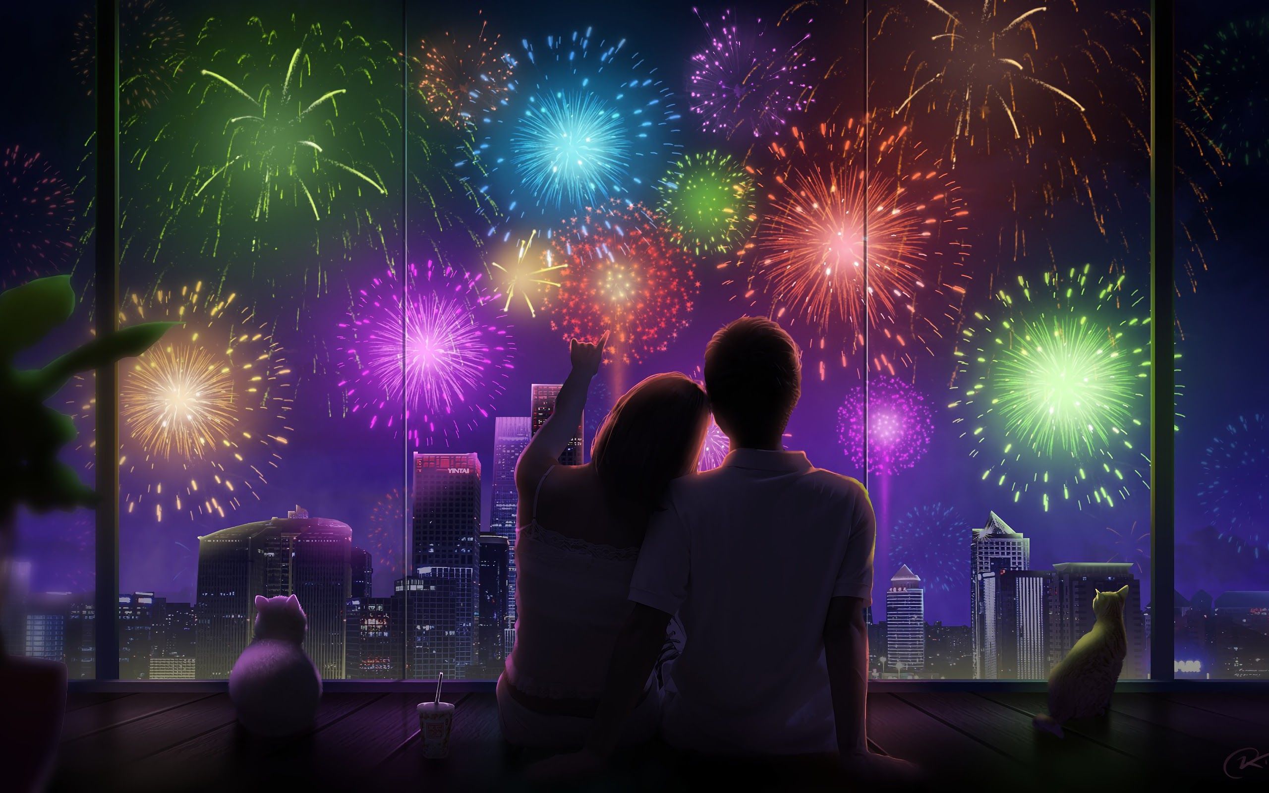 Anime Couple City Night Fireworks 4K Wallpaper