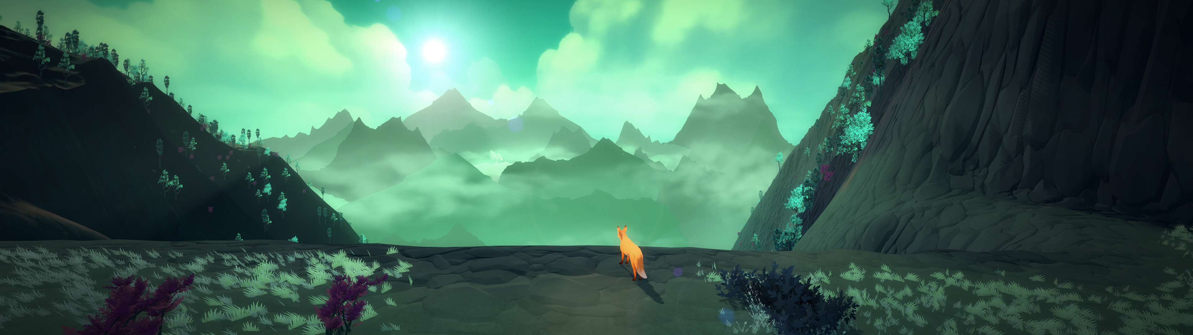 A fox looking on the first tree (3840x1080)