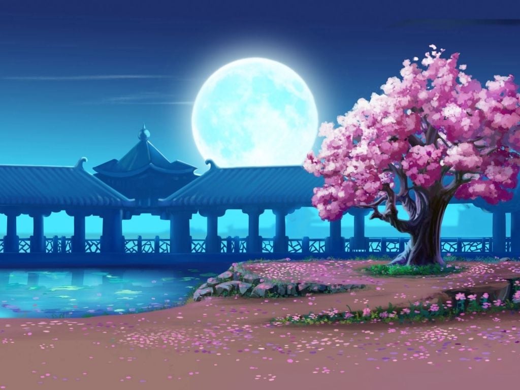Sakura tree and full moon Wallpaper –Free Wallpaper Download