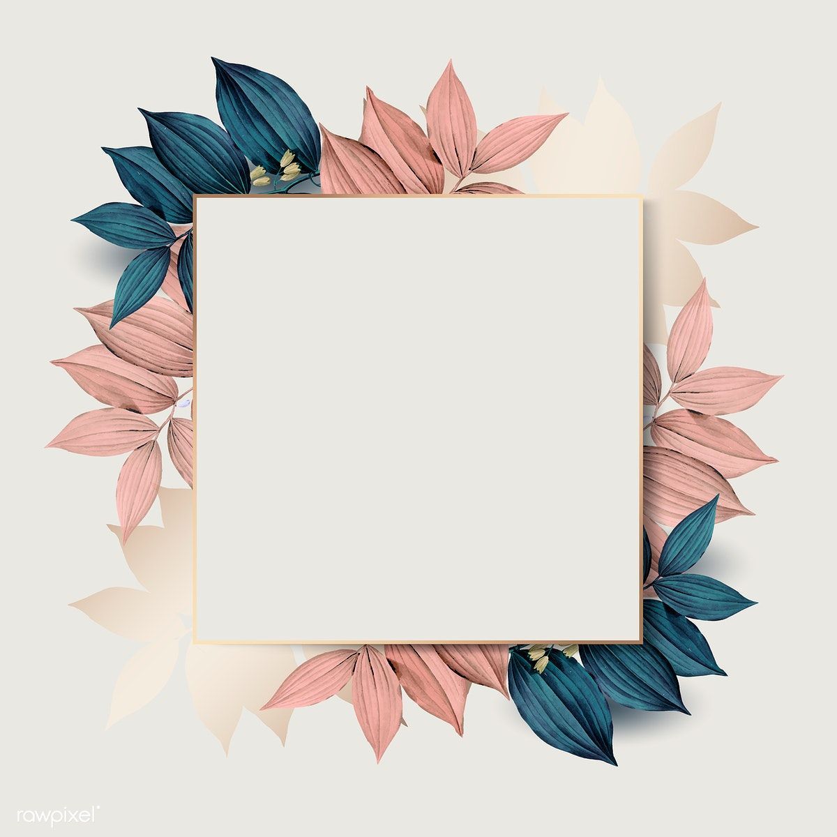 Download premium vector of Square gold frame on pink and blue leaf pattern