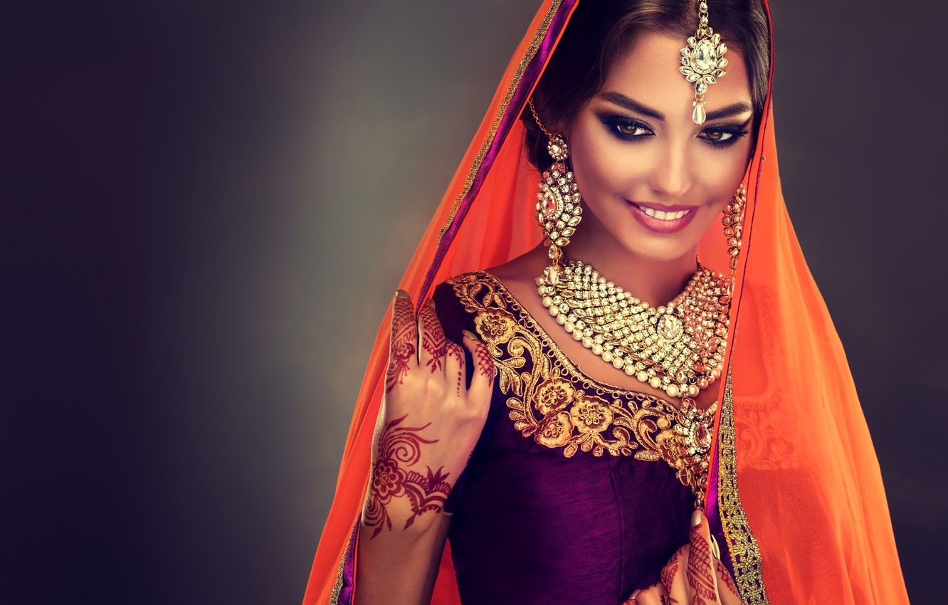 Wallpaper look, girl, decoration, smile, style, makeup, Beautiful, woman, Indian, saree, Sofia Zhuravets' image for desktop, section стиль