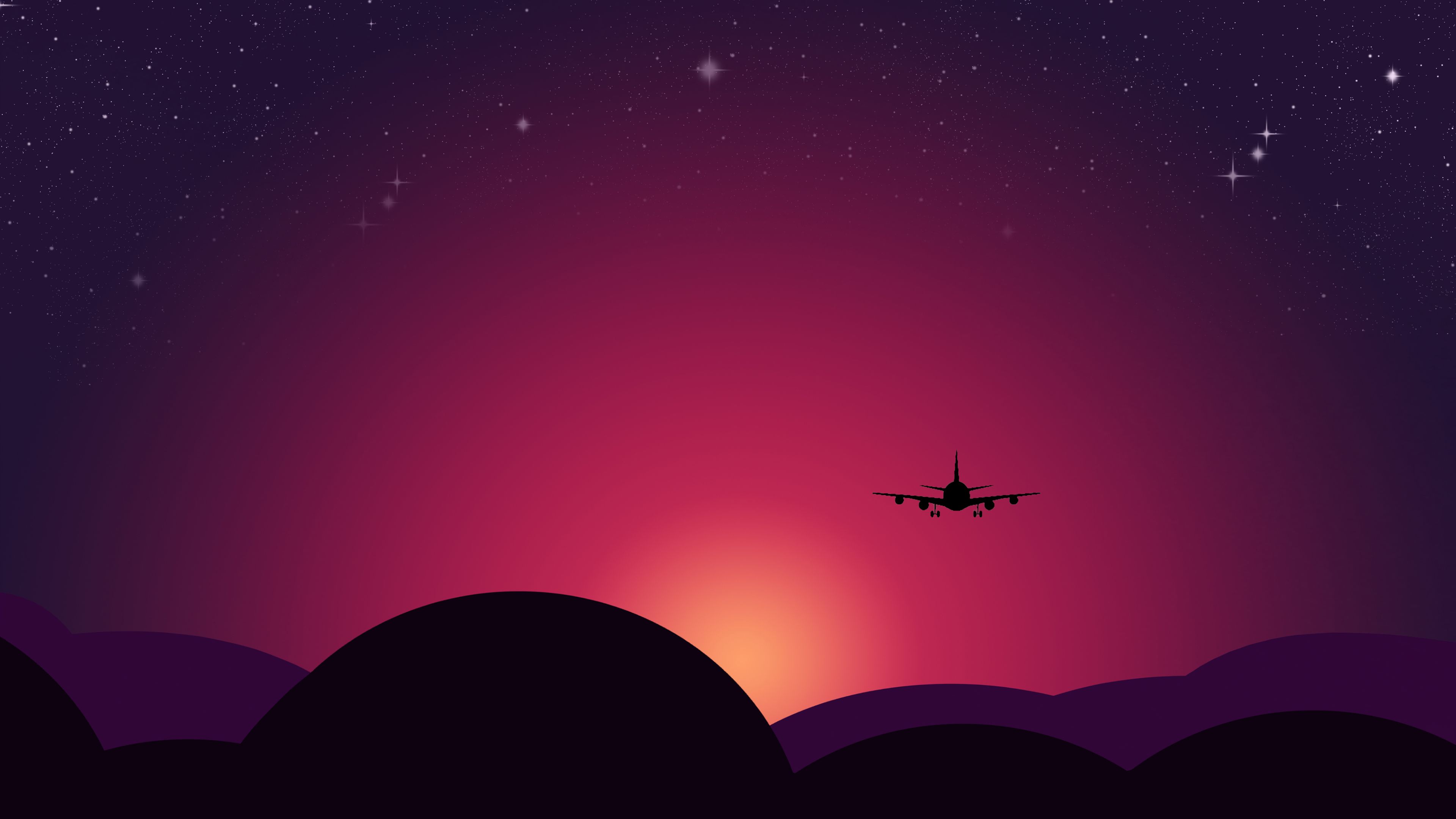 Plane, Sunset, Starry sky, Illustration, Red sky, 4k Free deskk wallpaper, Ultra HD