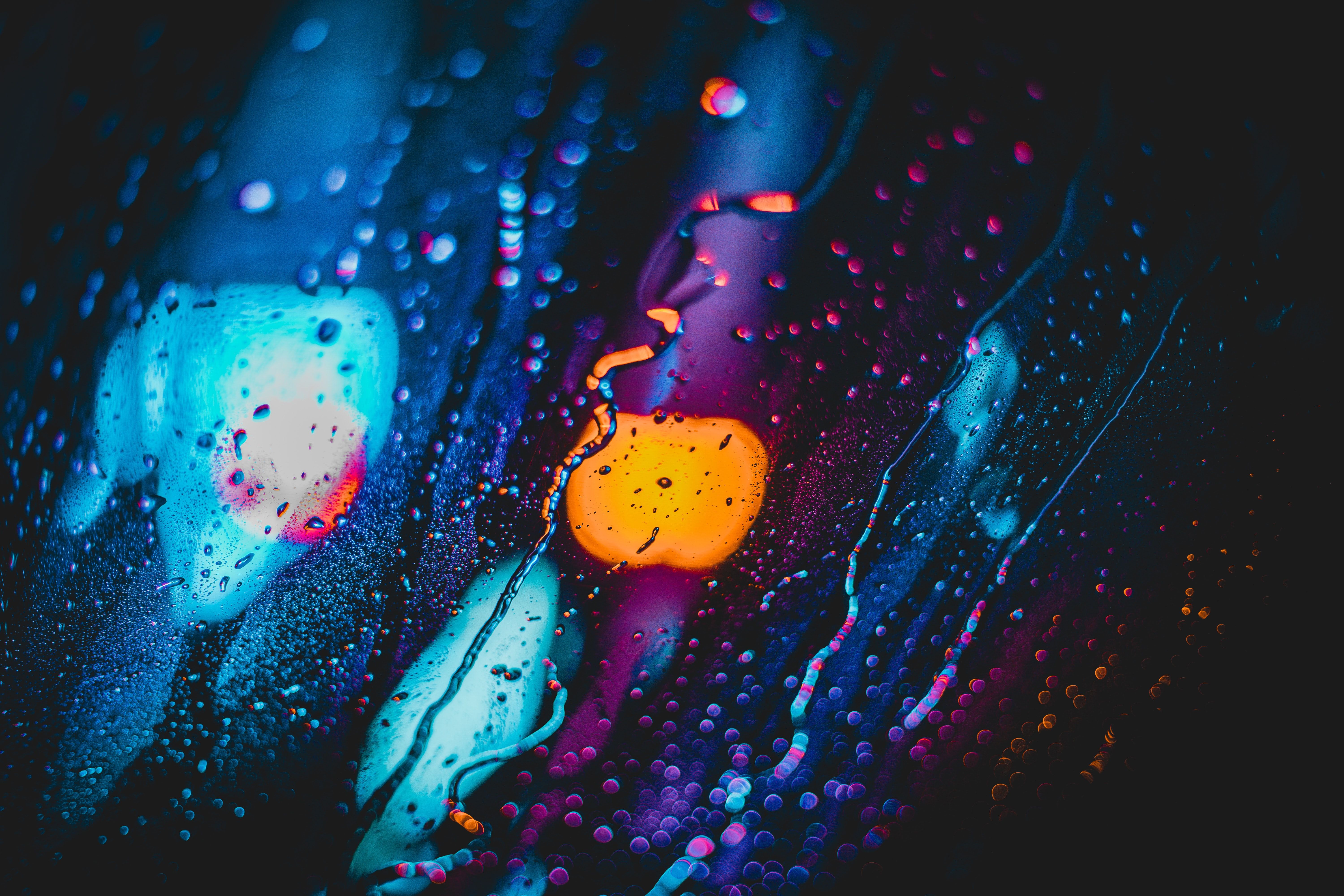 Rain 4K Wallpaper, Lights, Bokeh, Blur, Glass, Water drops, 5K, Photography