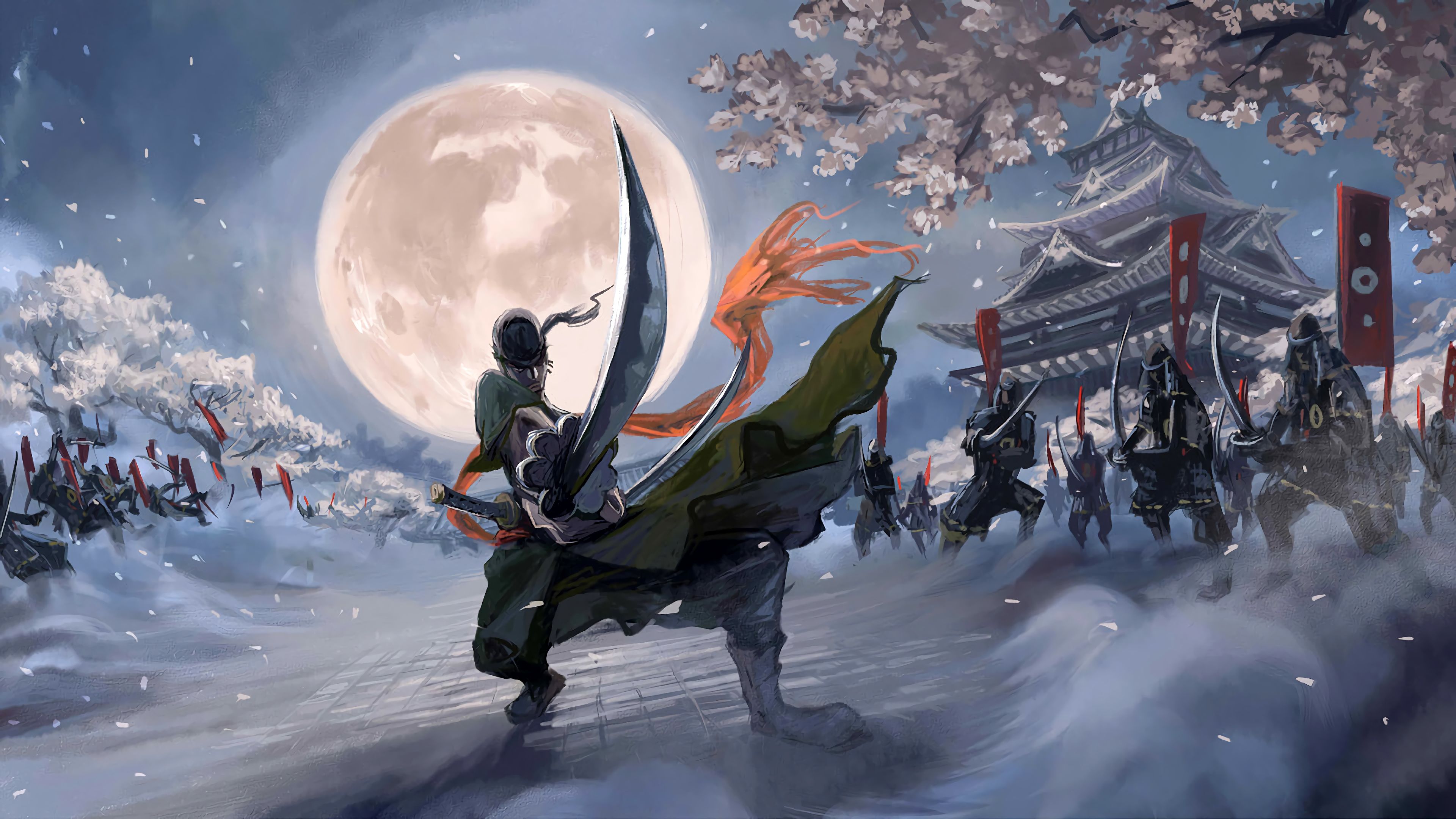 One Piece A Man With Sword Fighting With Background Of Moon 4K HD Anime Wallpaper