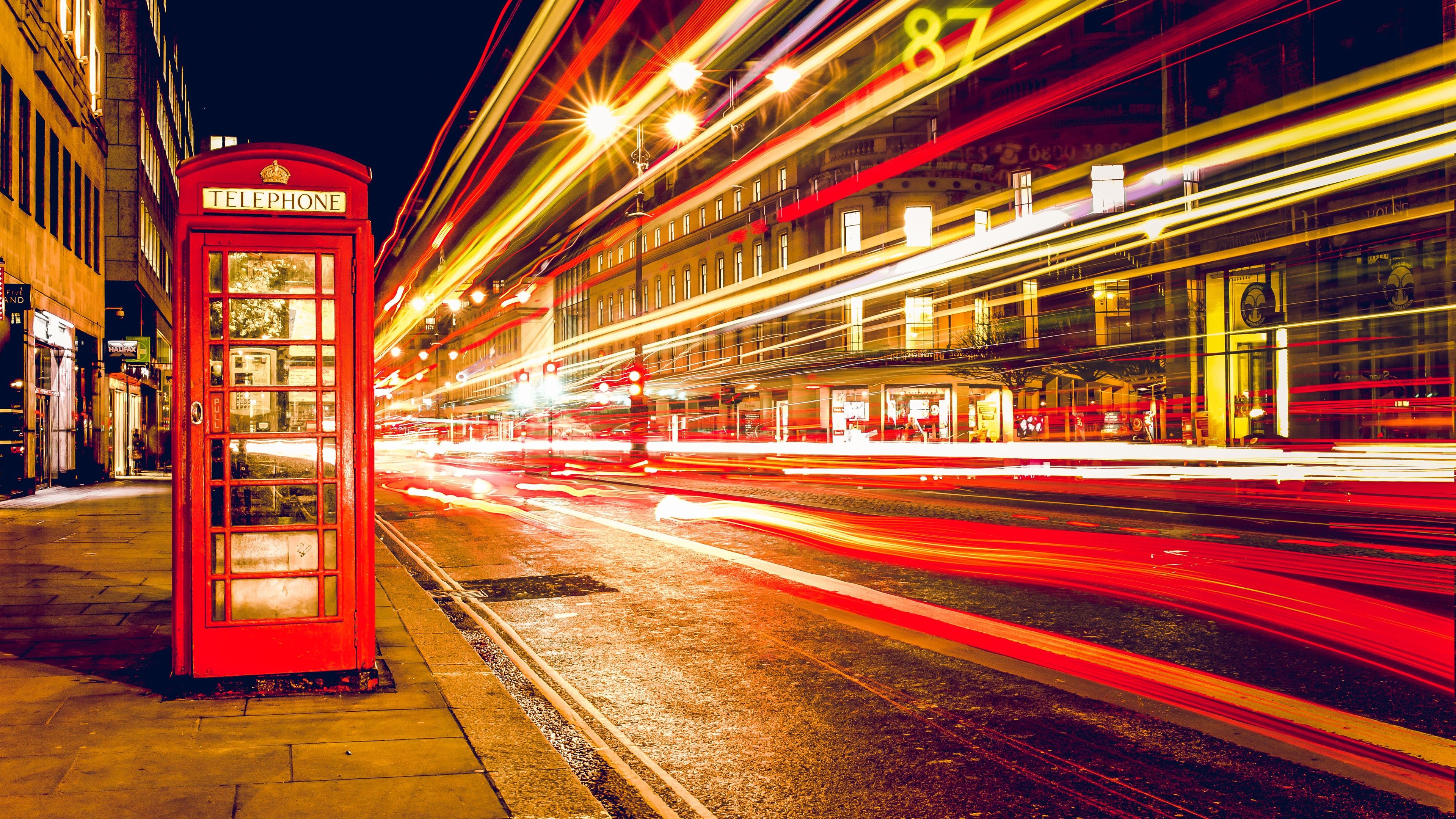 Wallpaper London, England, telephone booth, street, nights, lights 3840x2160 UHD 4K Picture, Image