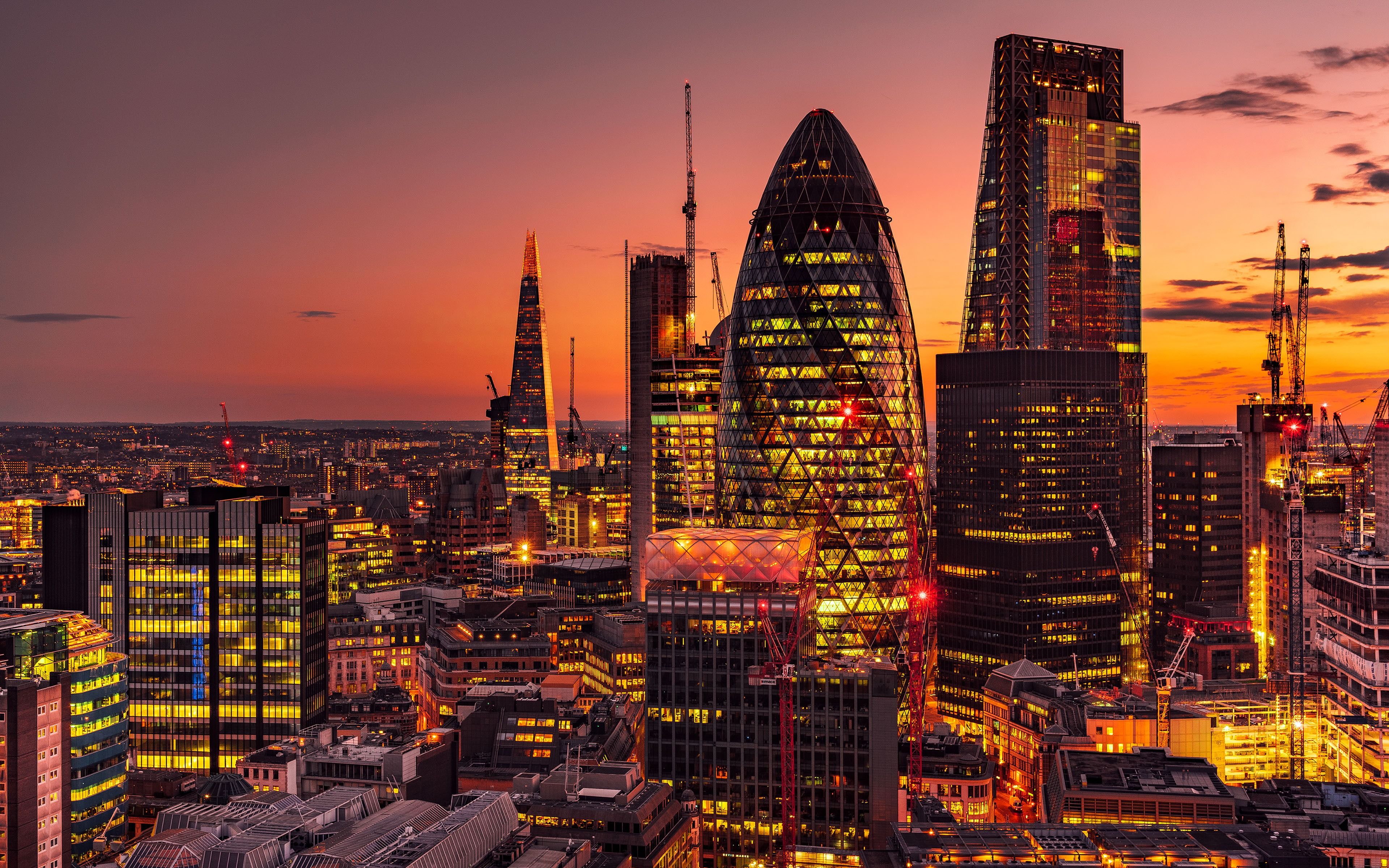 Download wallpaper London, skyscrapers, The Shard, 30 St Mary Axe, 4k, UK, evening, business centers, city lights, modern architecture for desktop with resolution 3840x2400. High Quality HD picture wallpaper